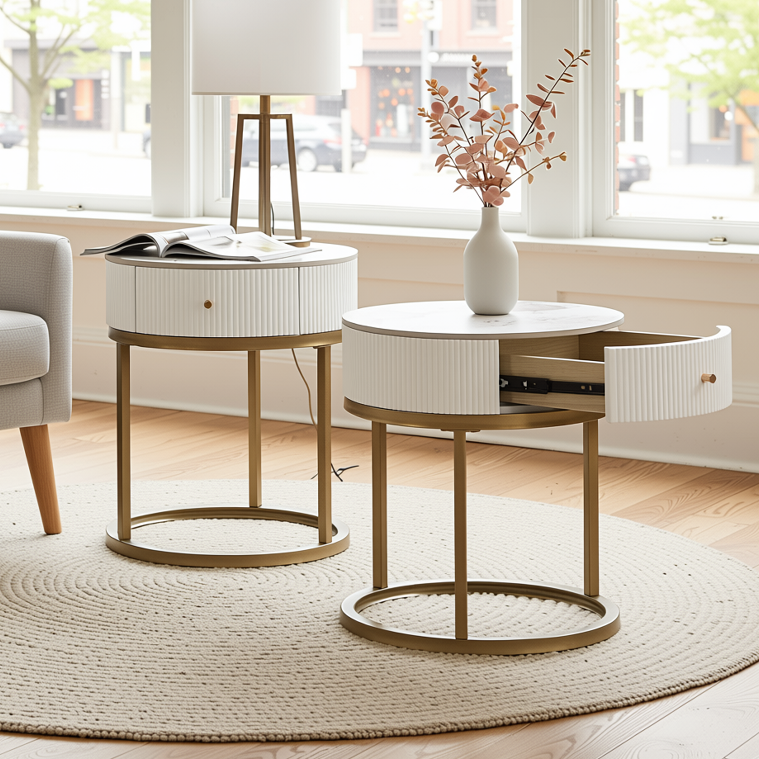 Homy Casa Serene 2PC Modern Marble Round End Table Set White Gloss Nightstand Accent Side Tables with Storage