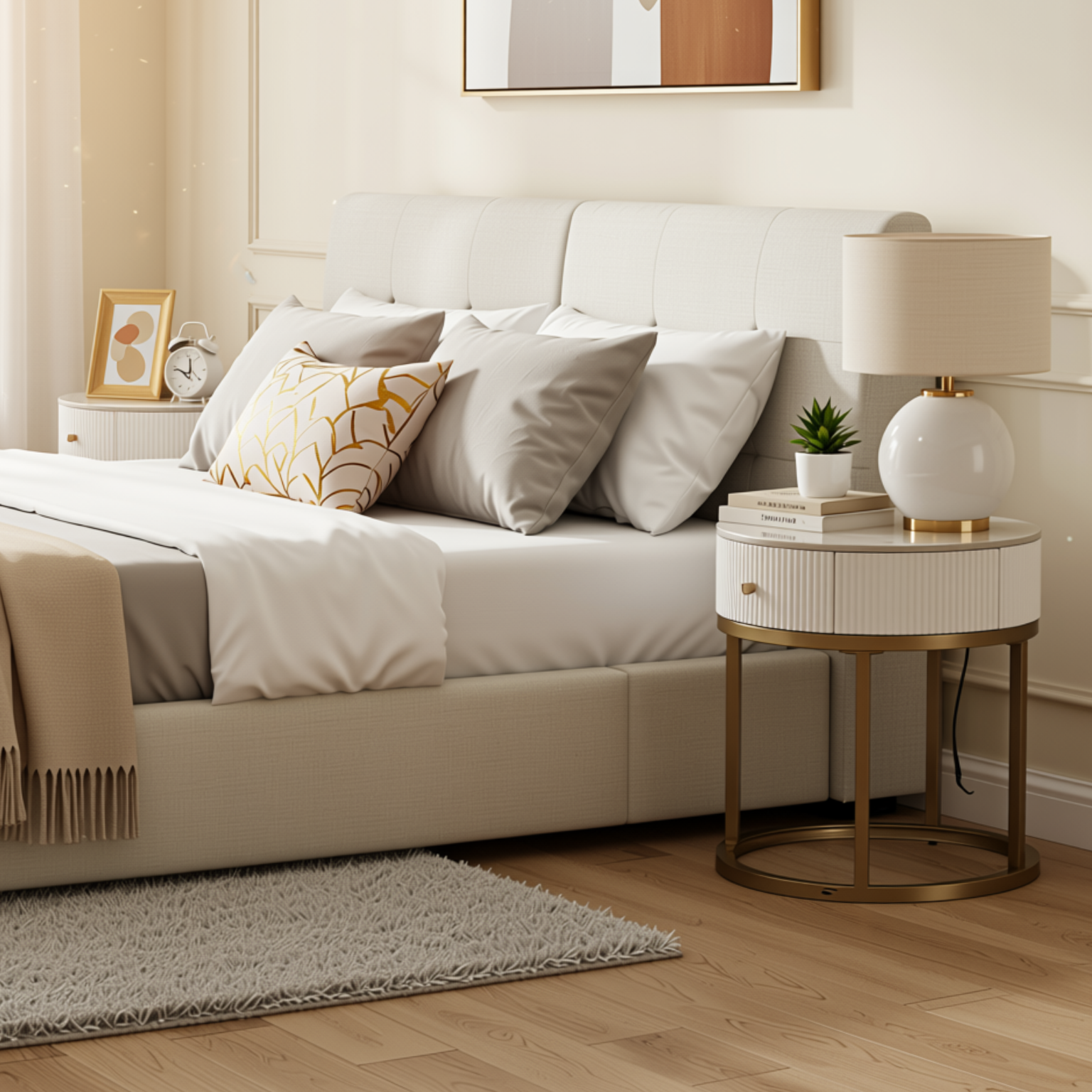 Homy Casa Serene 2PC Modern Marble Round End Table Set White Gloss Nightstand Accent Side Tables with Storage