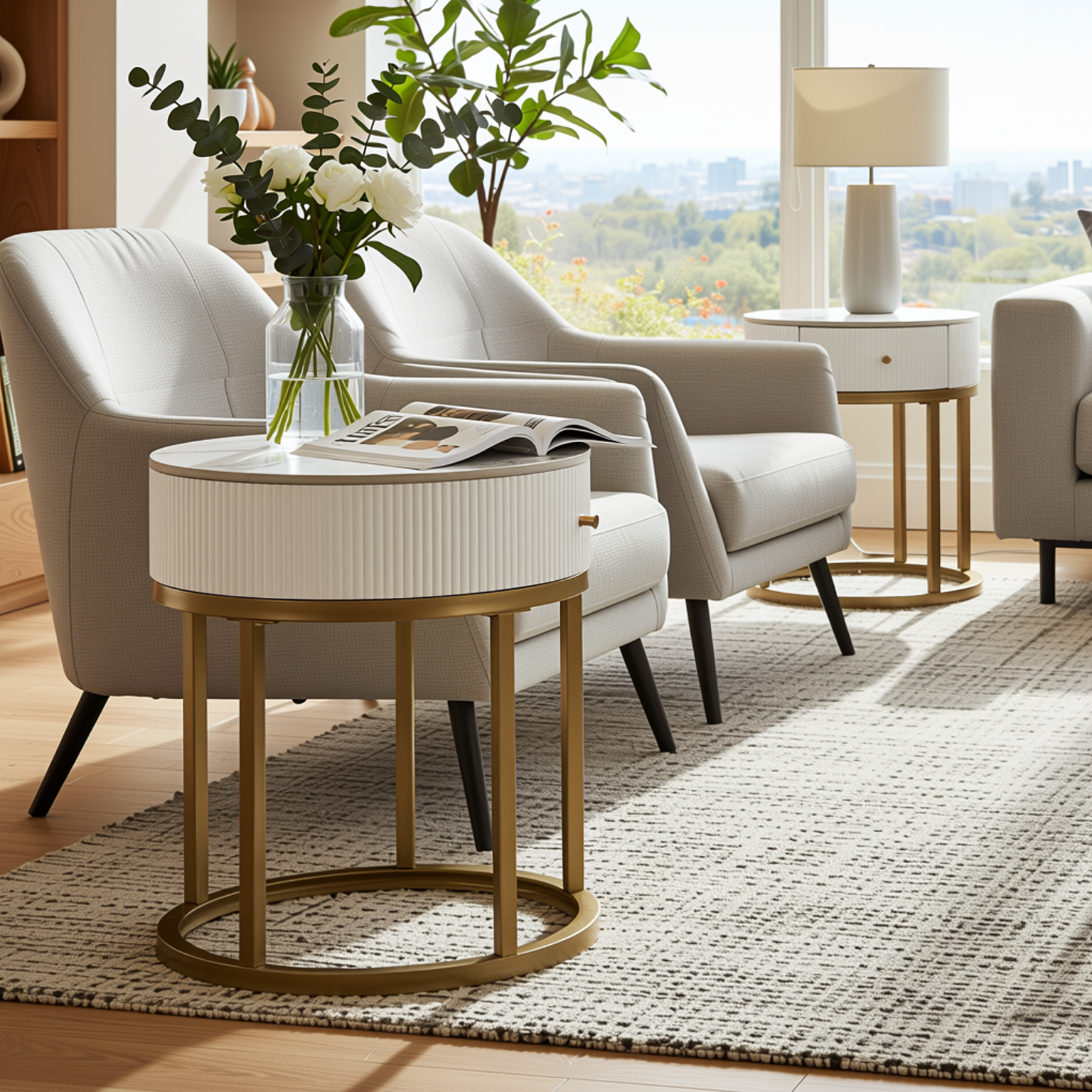 Homy Casa Serene 2PC Modern Marble Round End Table Set White Gloss Nightstand Accent Side Tables with Storage