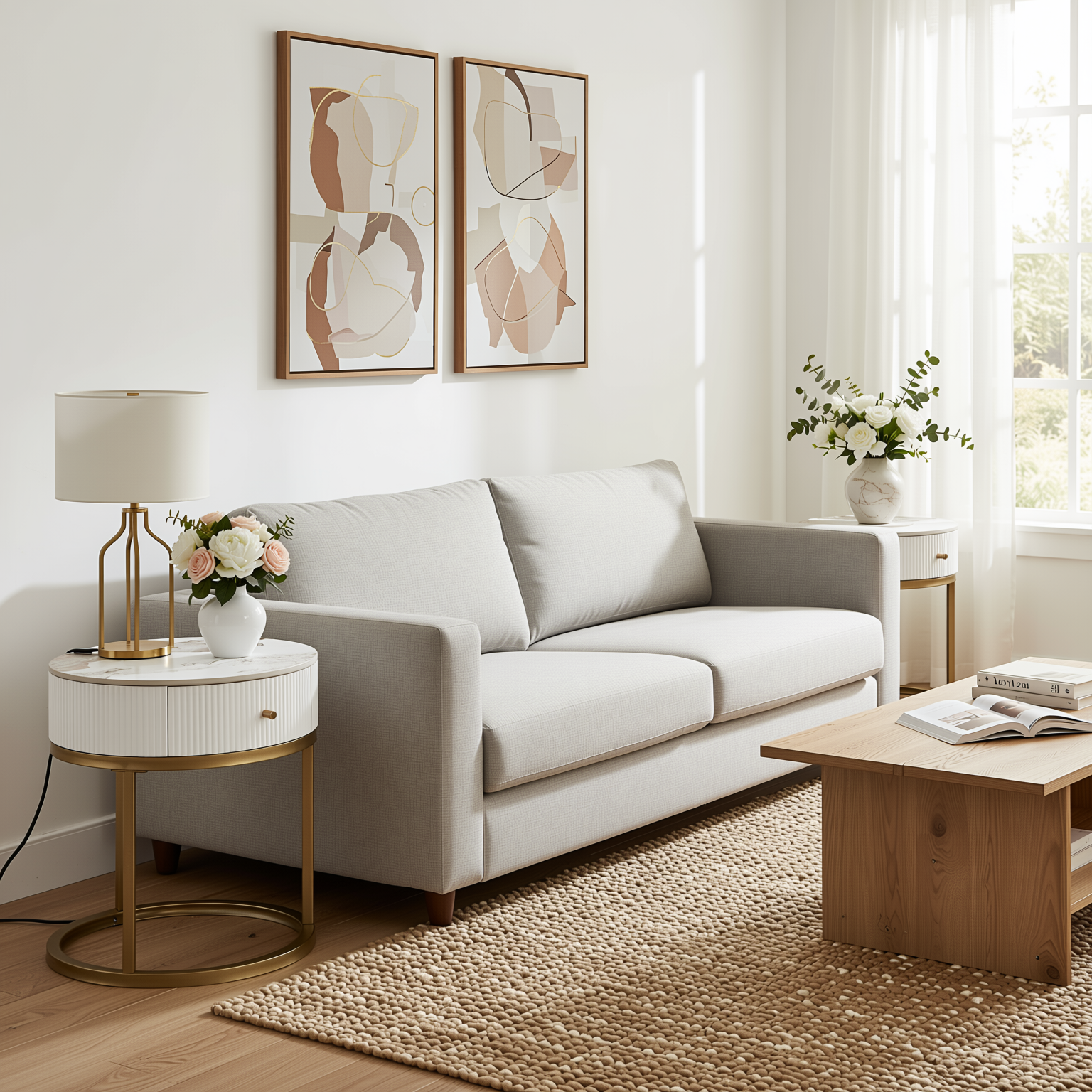 Homy Casa Serene 2PC Modern Marble Round End Table Set White Gloss Nightstand Accent Side Tables with Storage