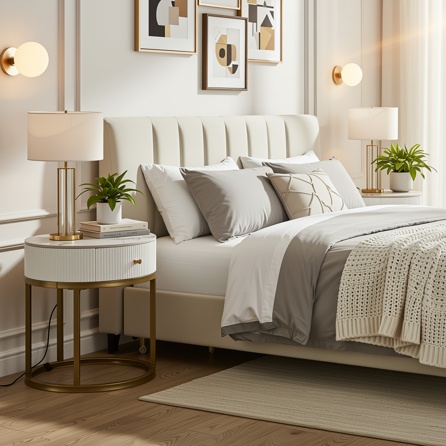 Homy Casa Serene 2PC Modern Marble Round End Table Set White Gloss Nightstand Accent Side Tables with Storage