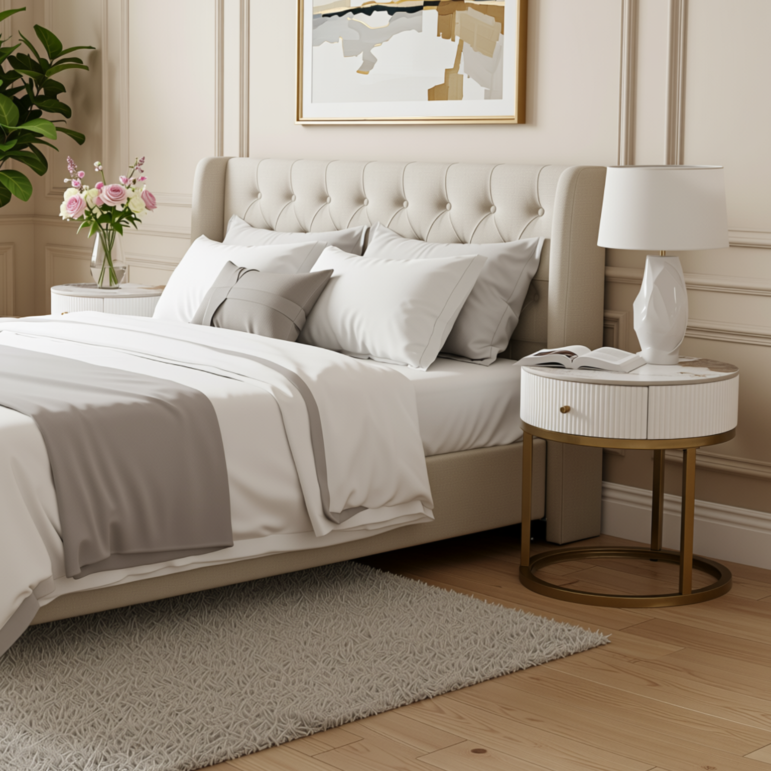 Homy Casa Serene 2PC Modern Marble Round End Table Set White Gloss Nightstand Accent Side Tables with Storage