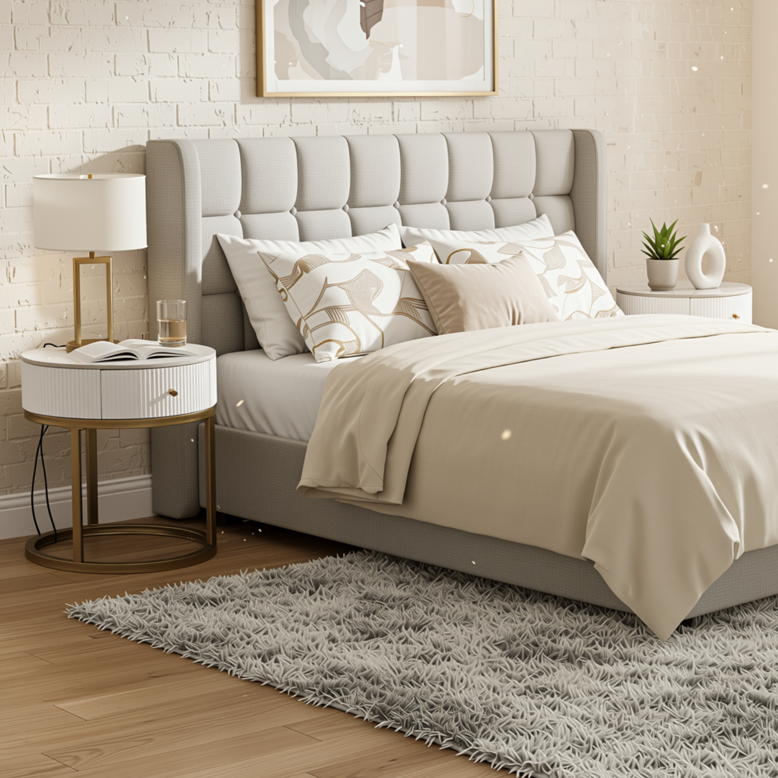 Homy Casa Serene 2PC Modern Marble Round End Table Set White Gloss Nightstand Accent Side Tables with Storage