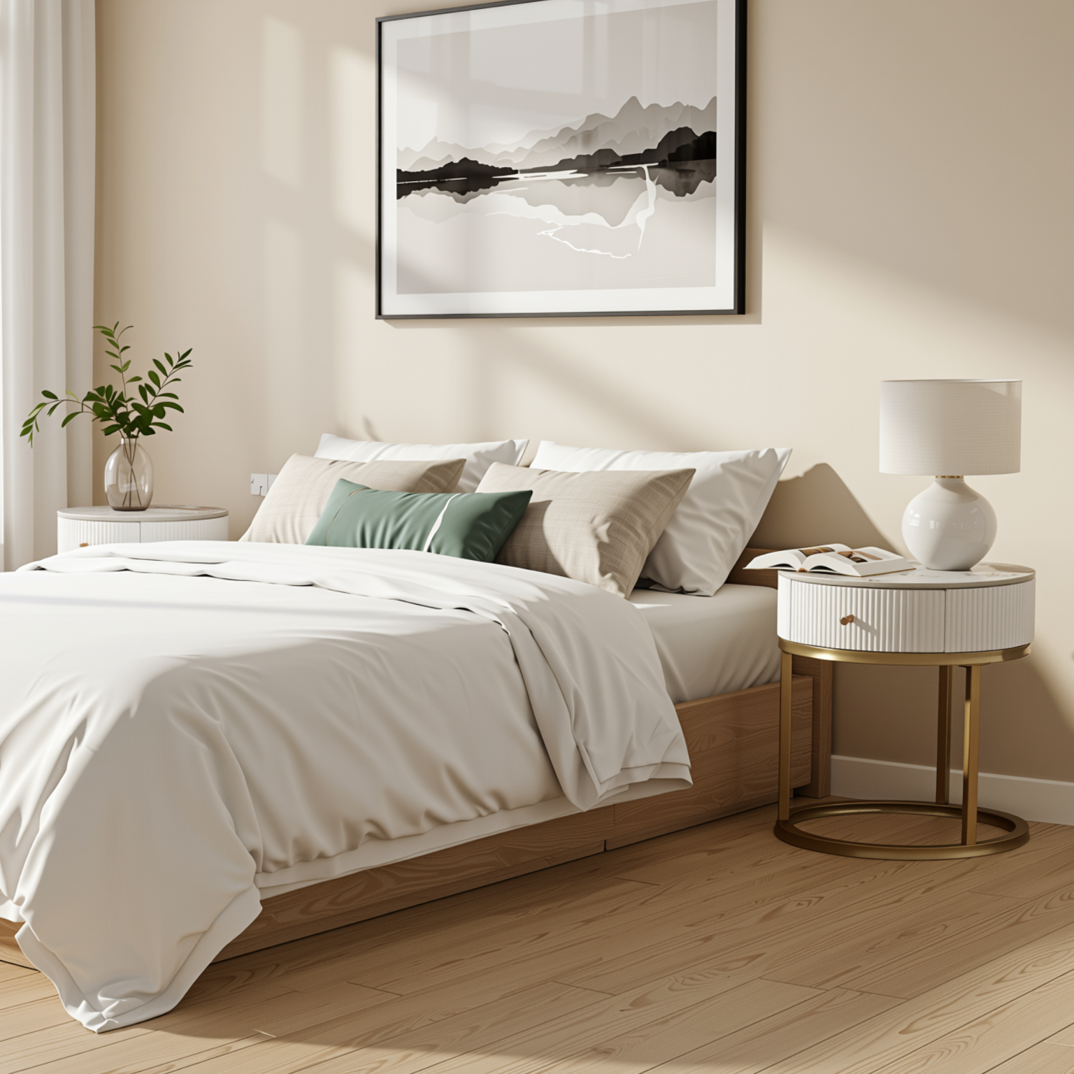 Homy Casa Serene 2PC Modern Marble Round End Table Set White Gloss Nightstand Accent Side Tables with Storage