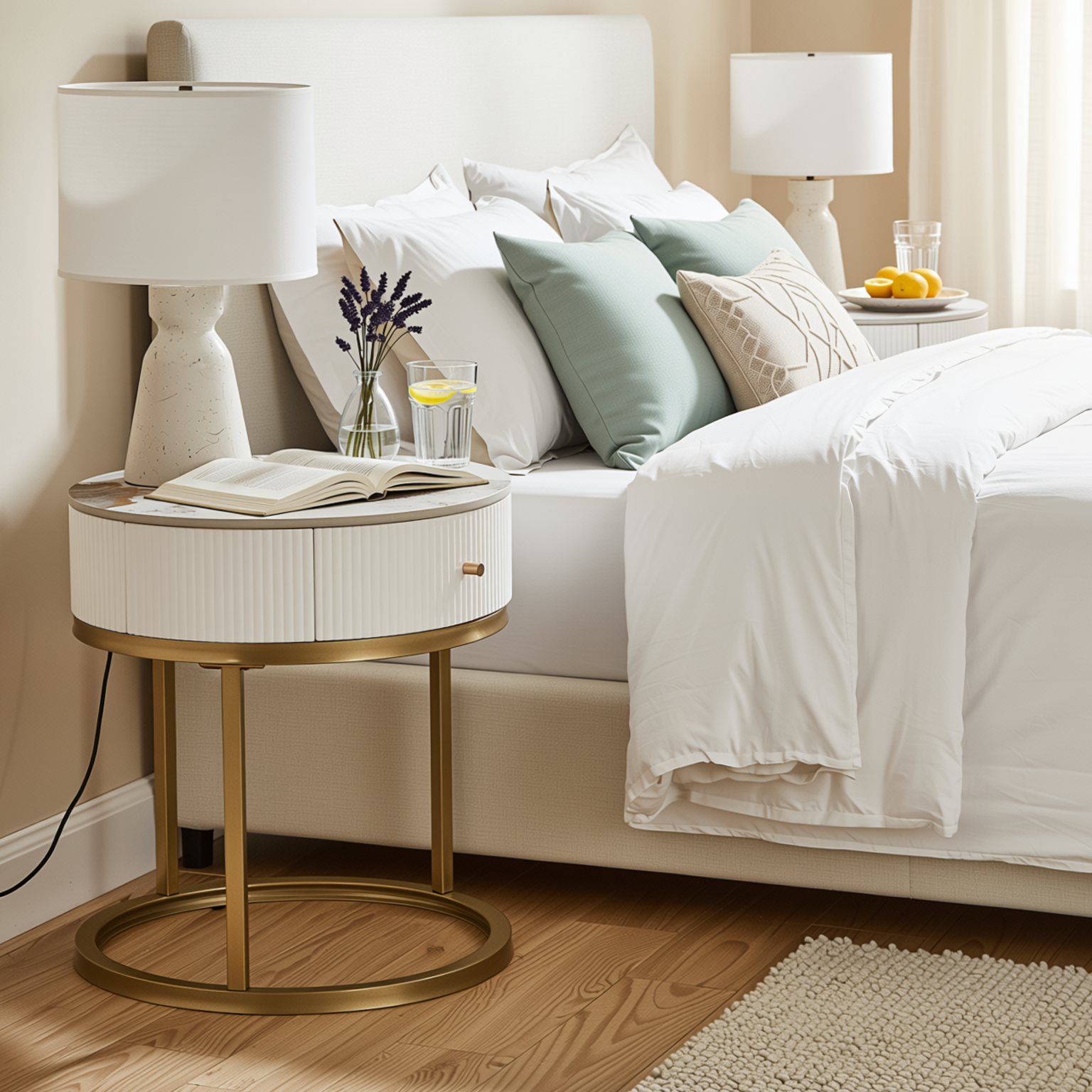 Homy Casa Serene 2PC Modern Marble Round End Table Set White Gloss Nightstand Accent Side Tables with Storage