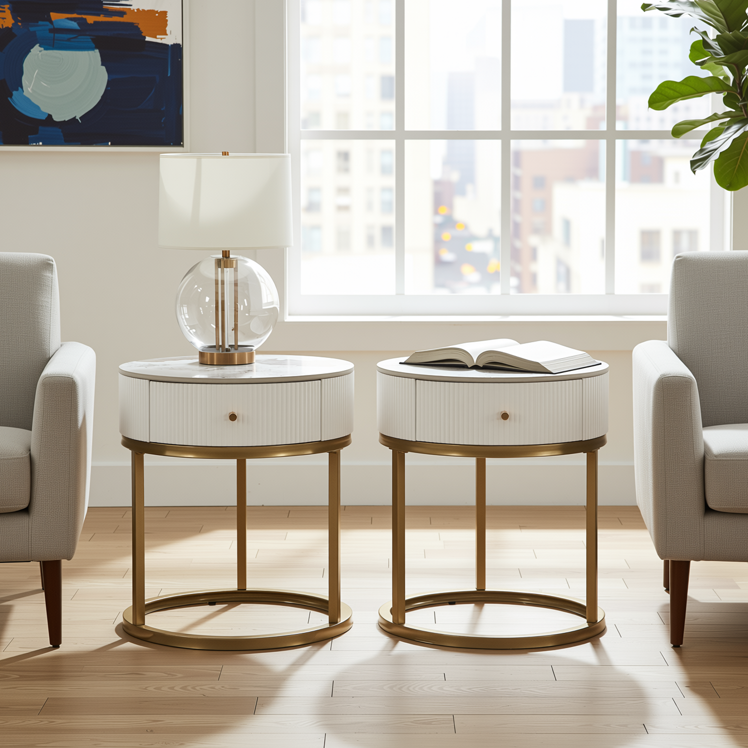 Homy Casa Serene 2PC Modern Marble Round End Table Set White Gloss Nightstand Accent Side Tables with Storage