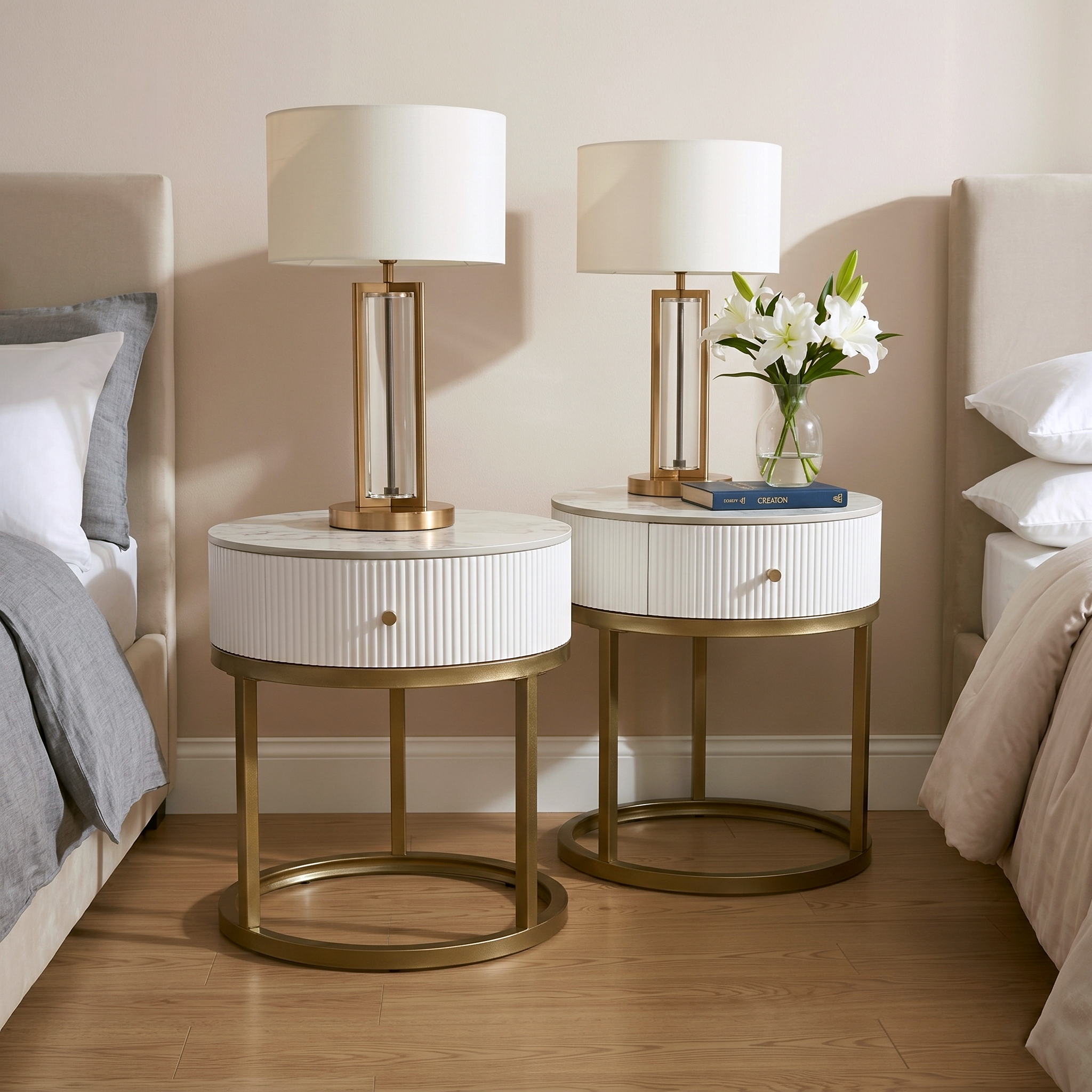 Homy Casa Serene 2PC Modern Marble Round End Table Set White Gloss Nightstand Accent Side Tables with Storage