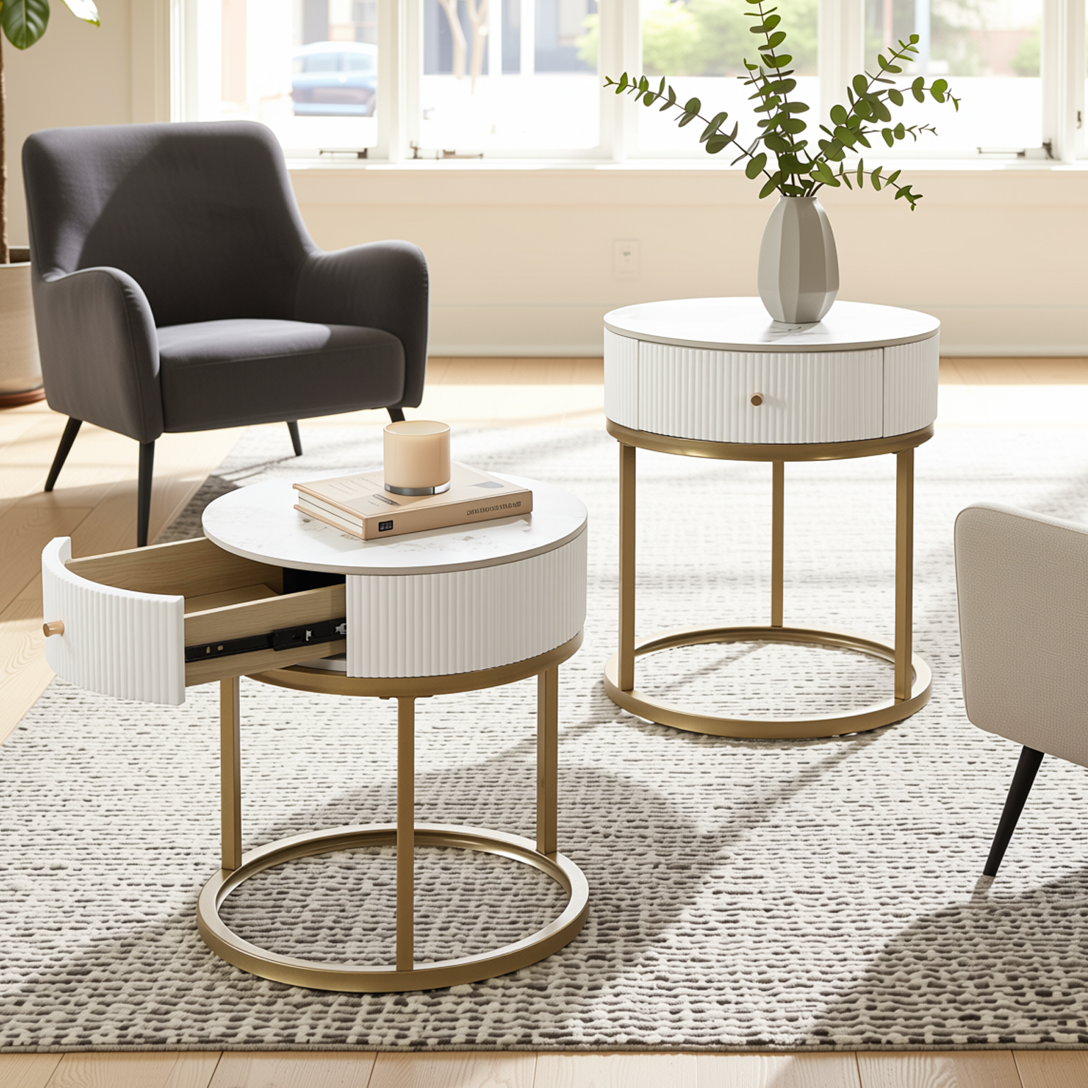 Homy Casa Serene 2PC Modern Marble Round End Table Set White Gloss Nightstand Accent Side Tables with Storage