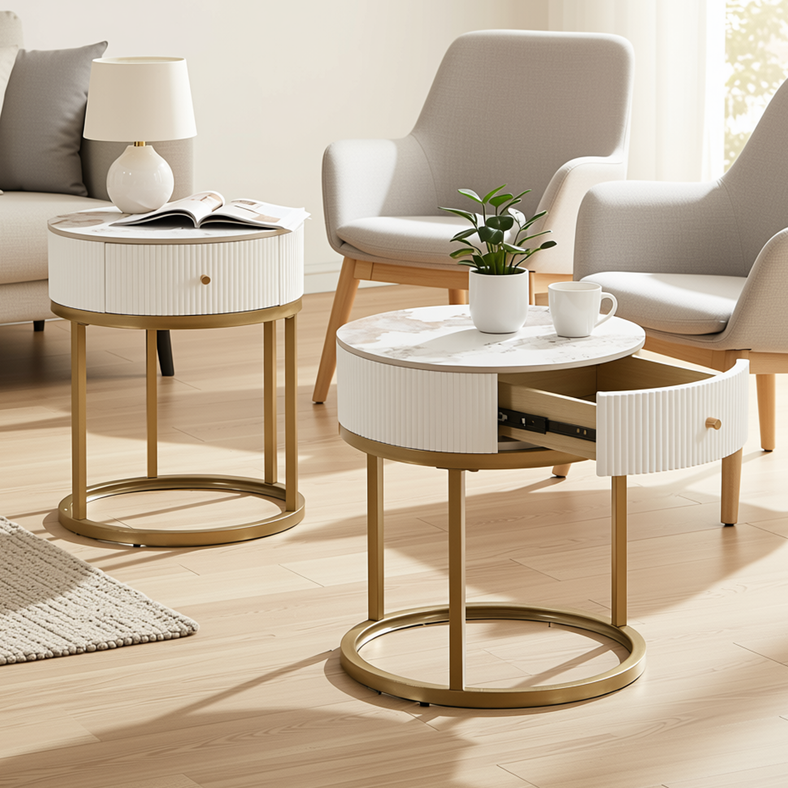 Homy Casa Serene 2PC Modern Marble Round End Table Set White Gloss Nightstand Accent Side Tables with Storage
