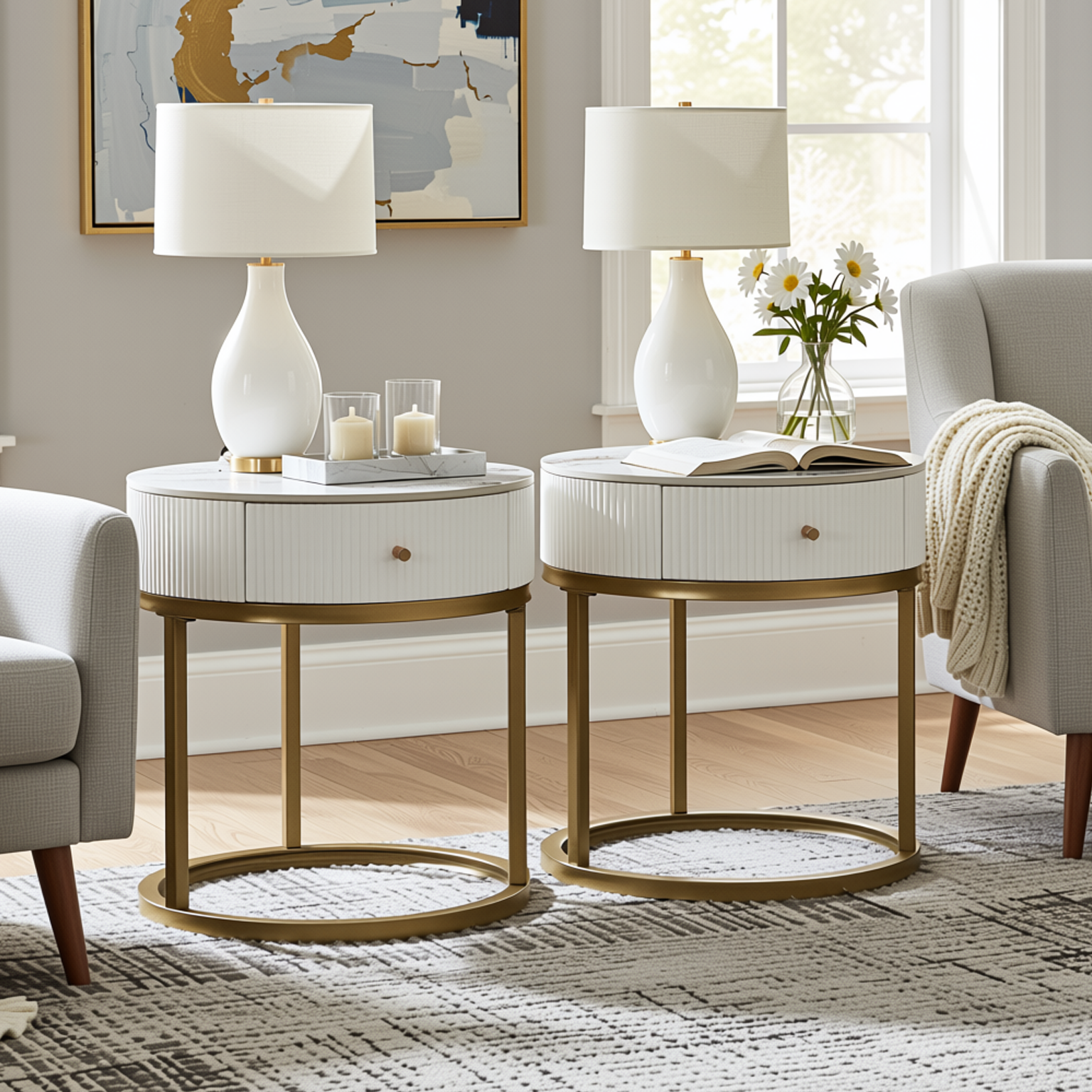 Homy Casa Serene 2PC Modern Marble Round End Table Set White Gloss Nightstand Accent Side Tables with Storage
