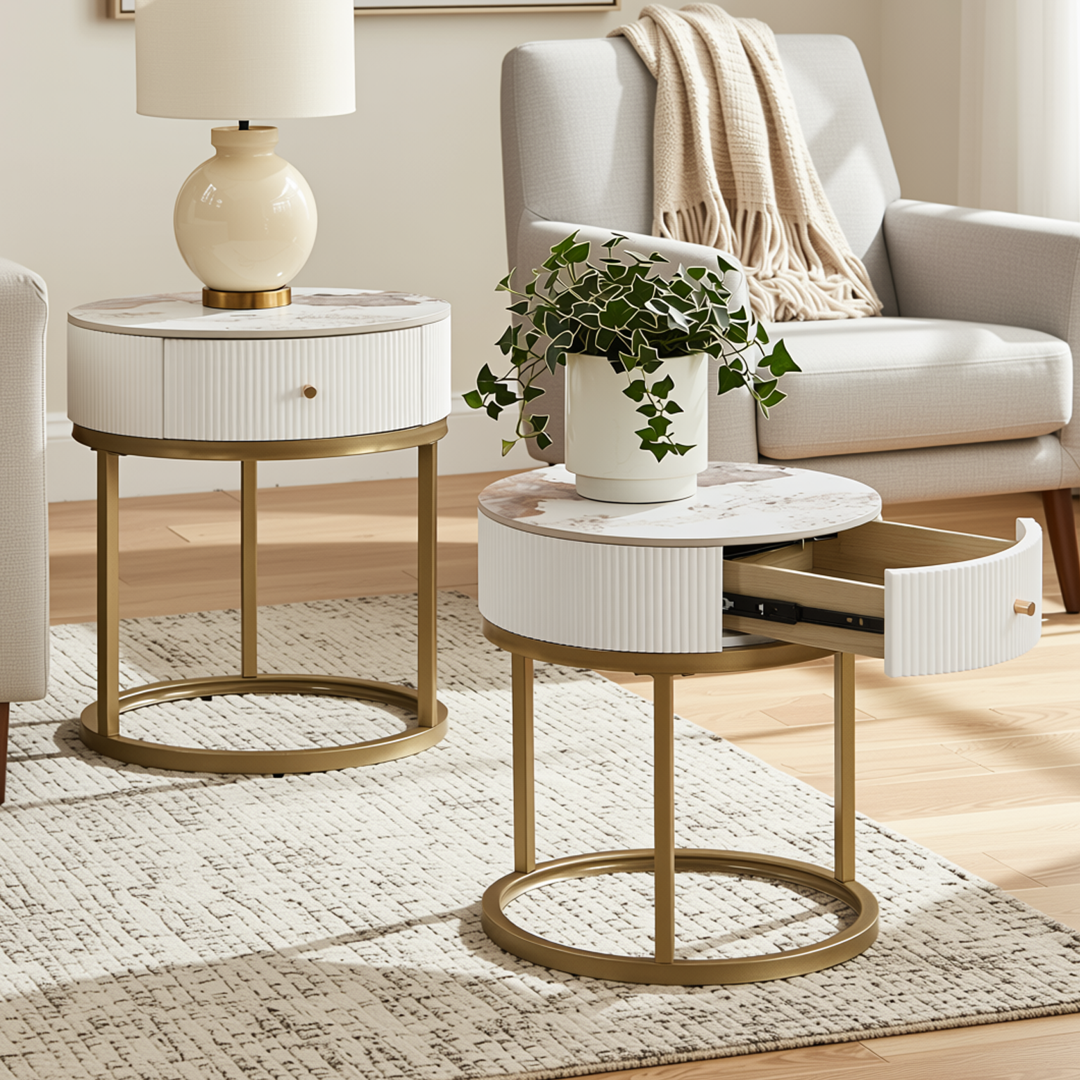 Homy Casa Serene 2PC Modern Marble Round End Table Set White Gloss Nightstand Accent Side Tables with Storage