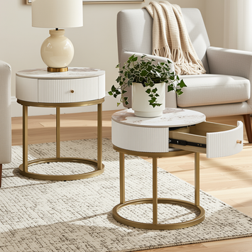 Homy Casa Serene 2PC Modern Marble Round End Table Set White Gloss Nightstand Accent Side Tables with Storage