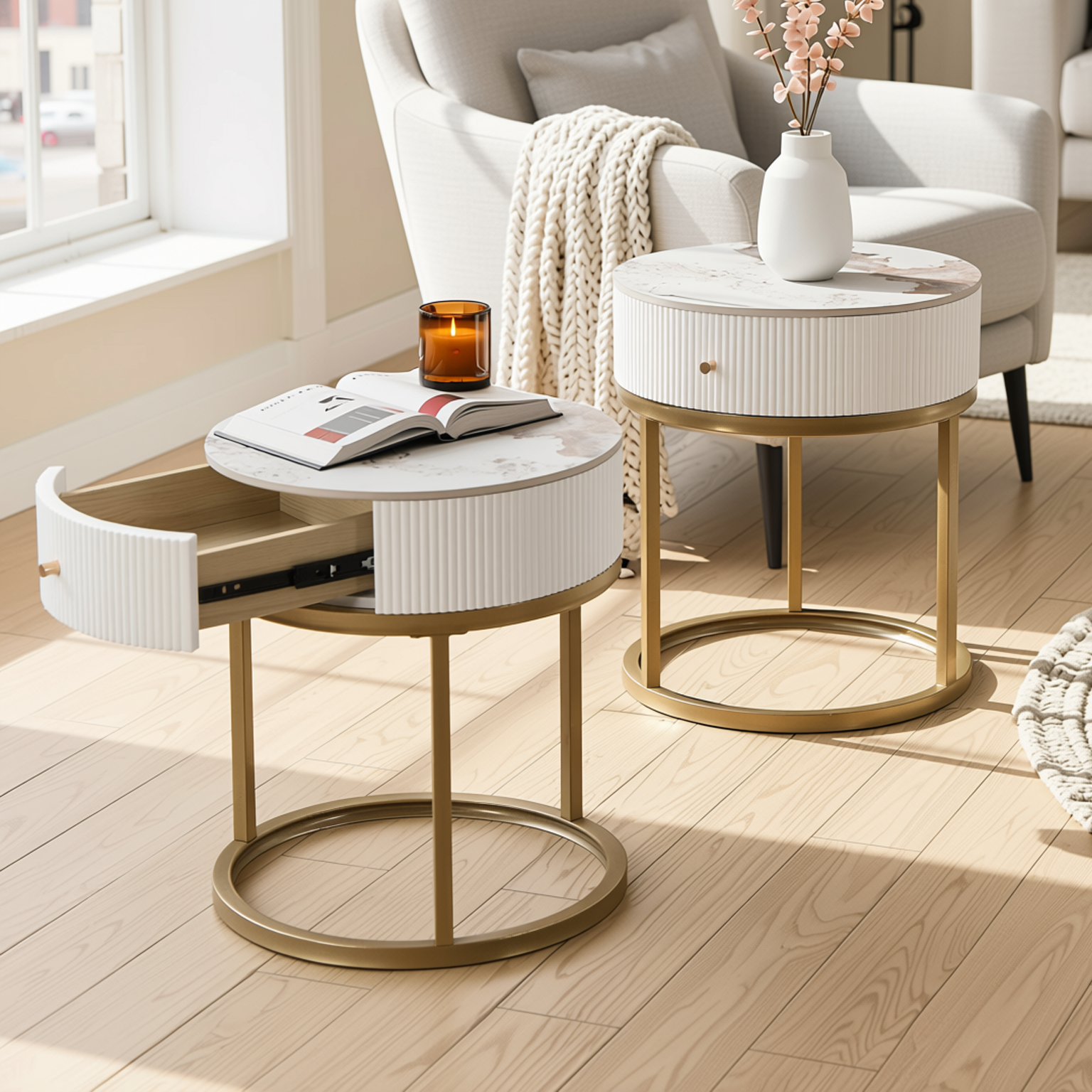 Homy Casa Serene 2PC Modern Marble Round End Table Set White Gloss Nightstand Accent Side Tables with Storage