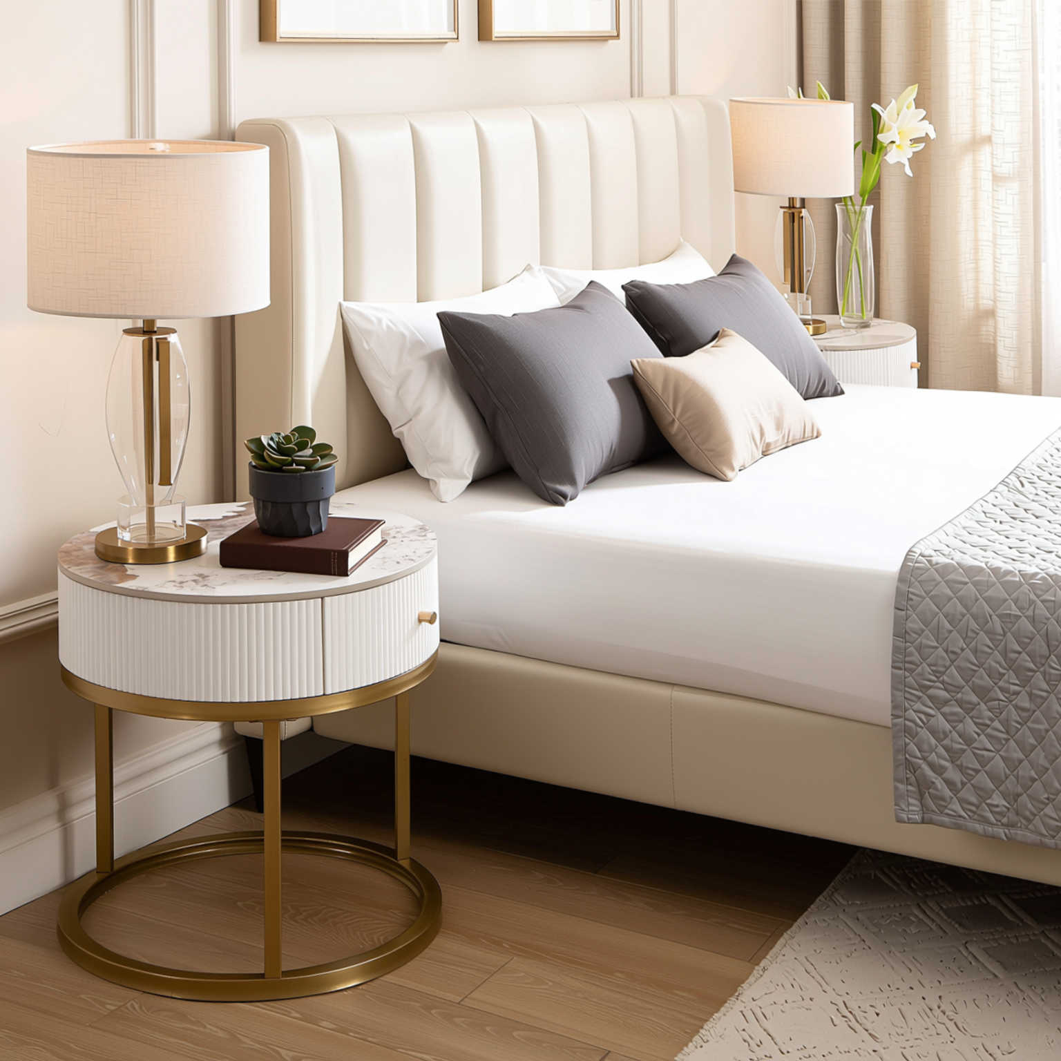 Homy Casa Serene 2PC Modern Marble Round End Table Set White Gloss Nightstand Accent Side Tables with Storage