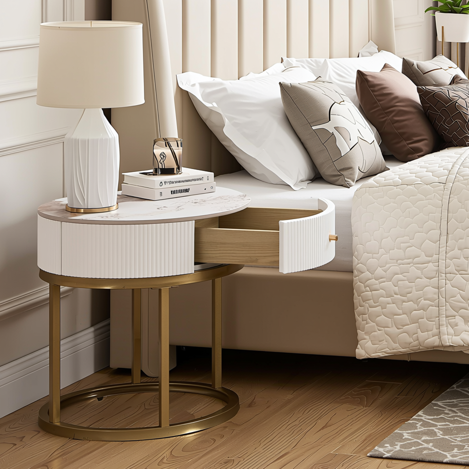 Homy Casa Serene 2PC Modern Marble Round End Table Set White Gloss Nightstand Accent Side Tables with Storage