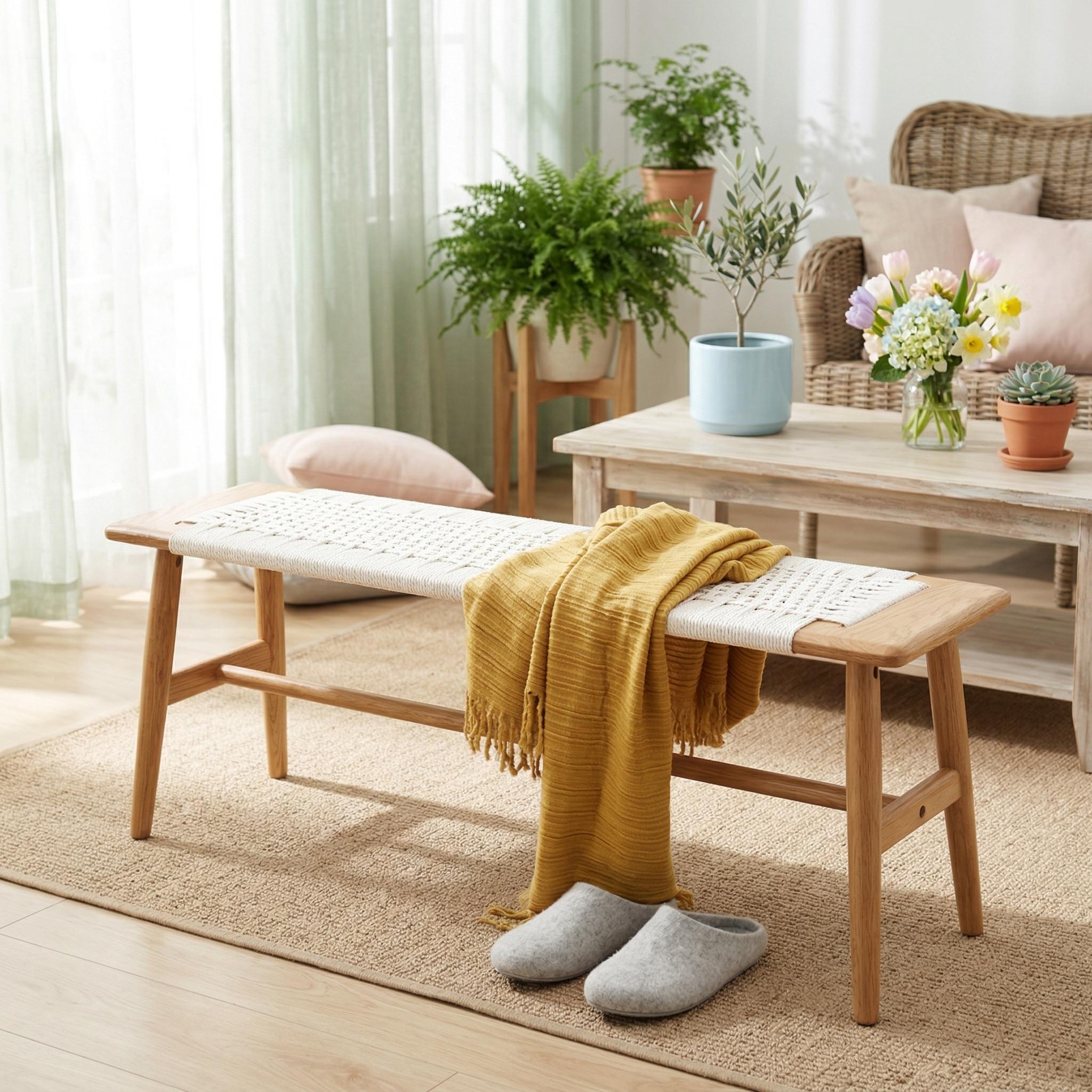Shasta 31.5" Solid Wood Accent Bench with Woven Cane Seat