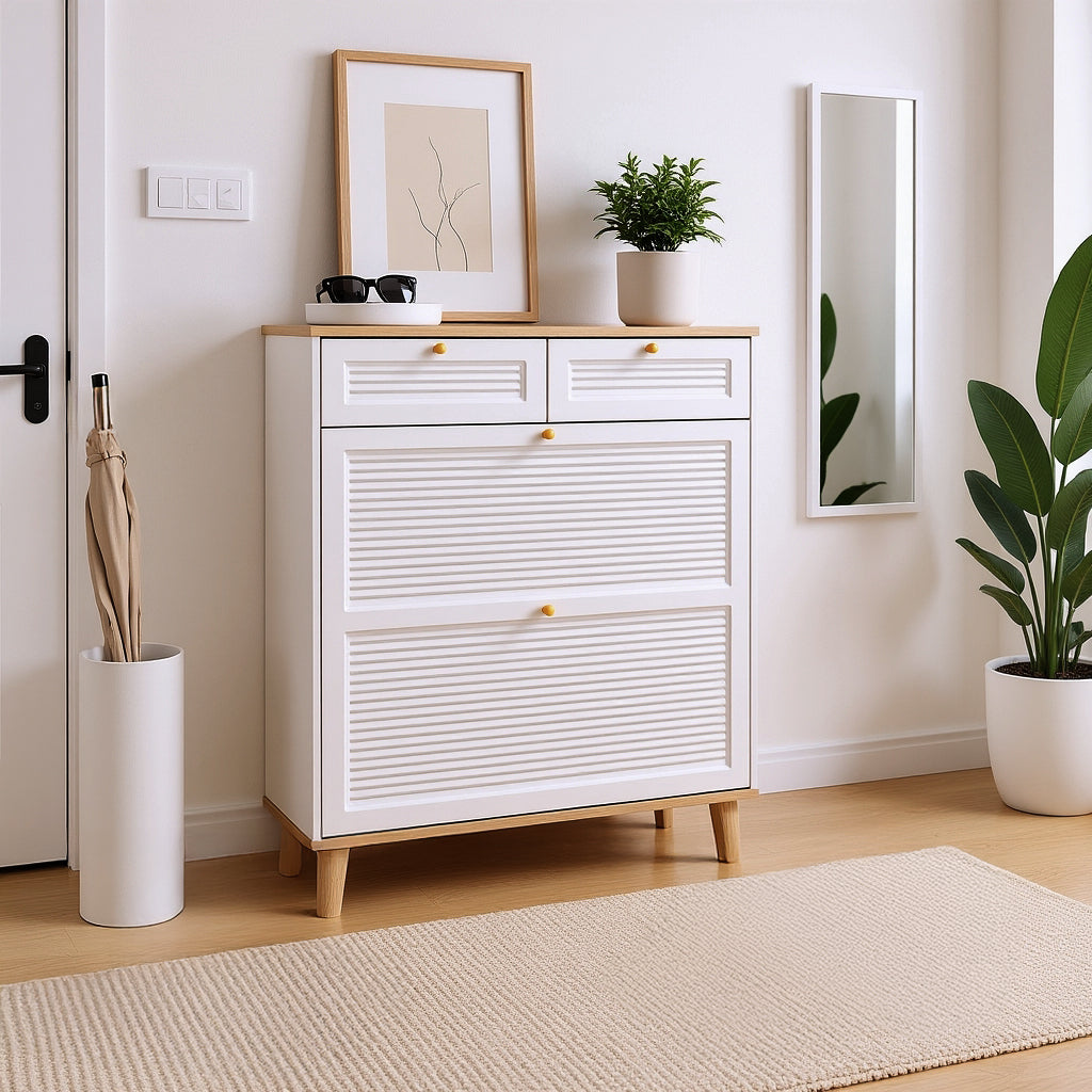 Ruvo Modern Shoe Cabinet with Flip-Up Doors, 31.5" Wide, White & Natural