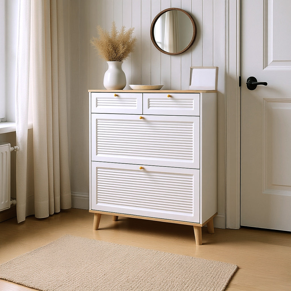 Ruvo Modern Shoe Cabinet with Flip-Up Doors, 31.5" Wide, White & Natural
