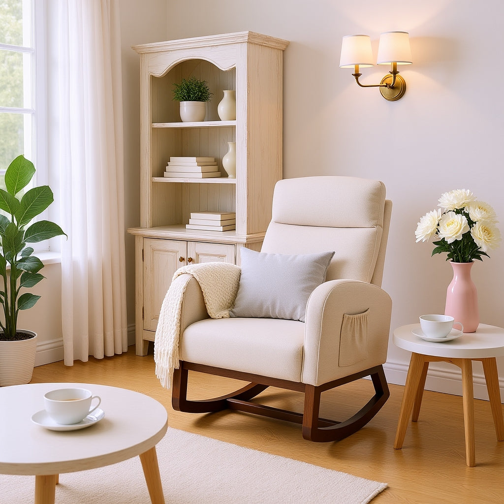 Cedar Modern Fabric Rocking Recliner Armchair with Wood Legs