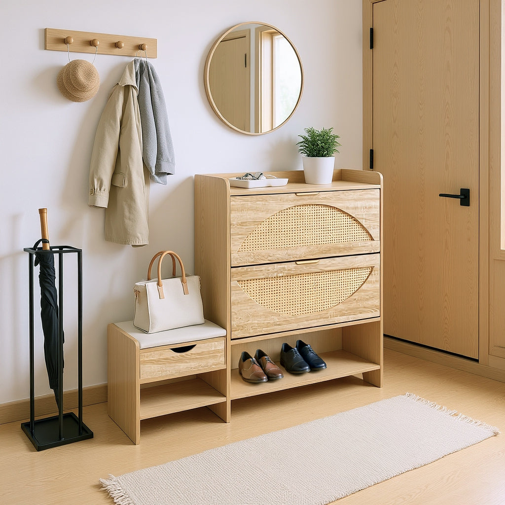 Willow Rattan Shoe Storage Cabinet with Bench