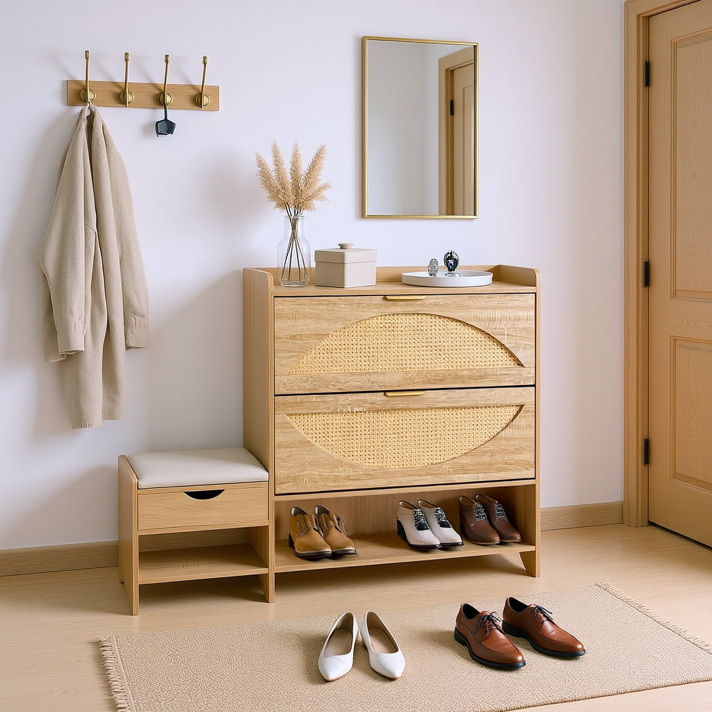 Willow Rattan Shoe Storage Cabinet with Bench