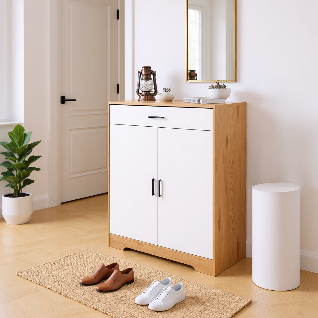 Liora Modern Shoe Cabinet Organizer with Adjustable Shelves & Drawer, Natural & White