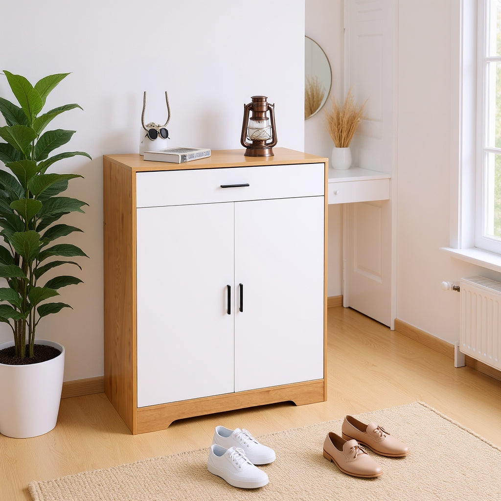 Liora Modern Shoe Cabinet Organizer with Adjustable Shelves & Drawer, Natural & White
