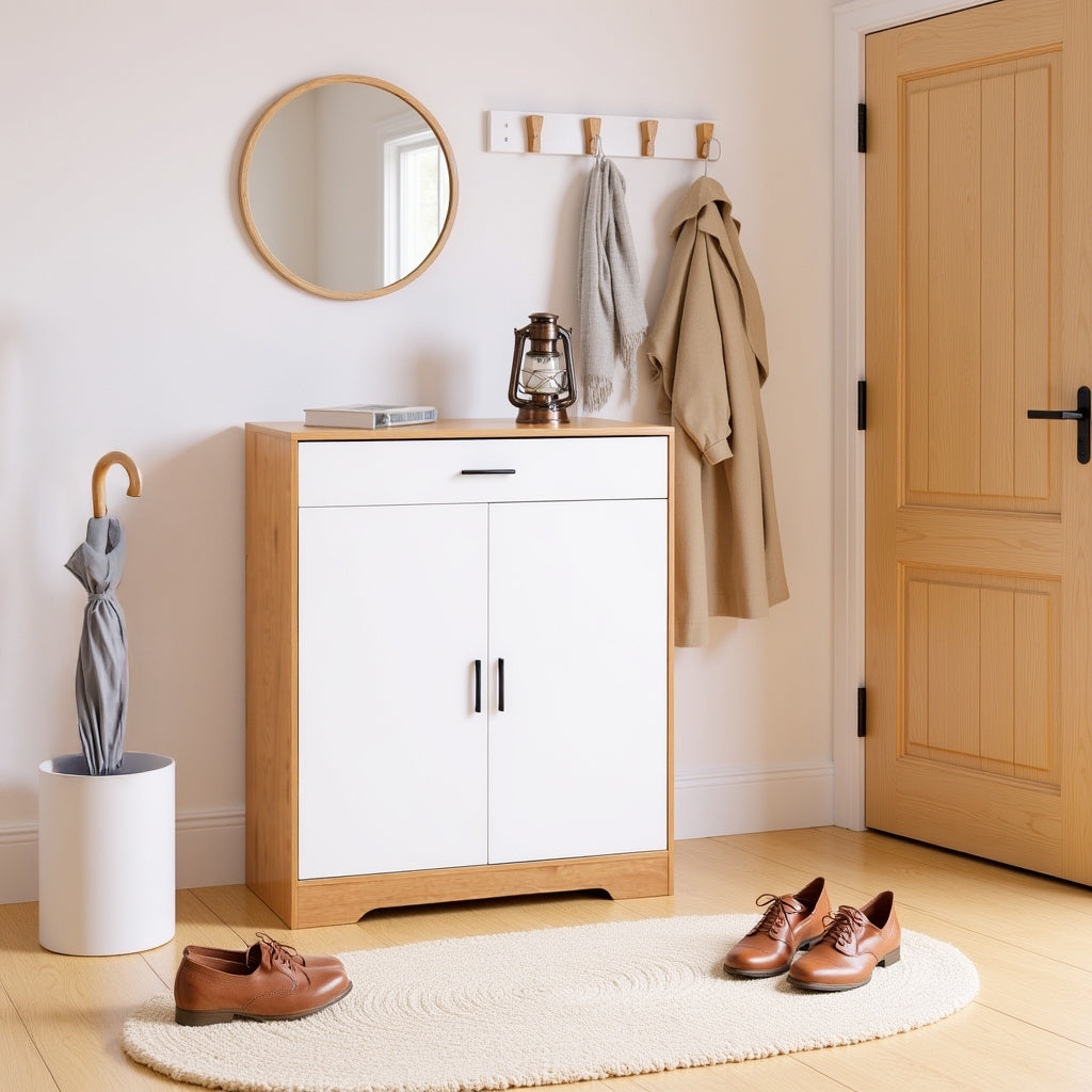 Liora Modern Shoe Cabinet Organizer with Adjustable Shelves & Drawer, Natural & White