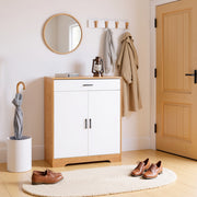 Liora Modern Shoe Cabinet Organizer with Adjustable Shelves & Drawer, Natural & White