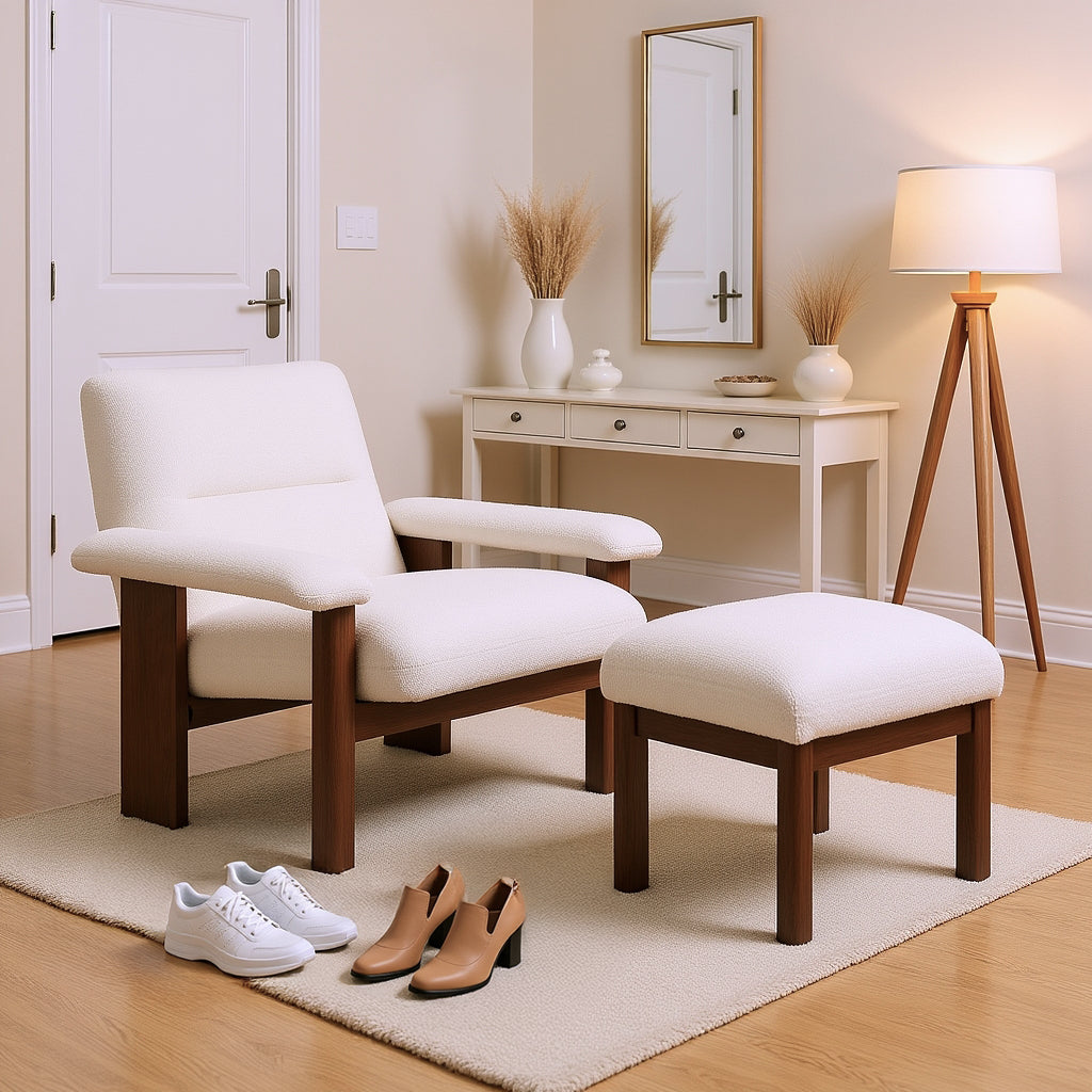 Eira Upholstered Lounge Chair and Ottoman Set, White & Walnut