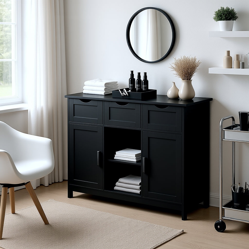 Ardeny 35” Black Modern Wood Storage Cabinet with Drawers and Shelves