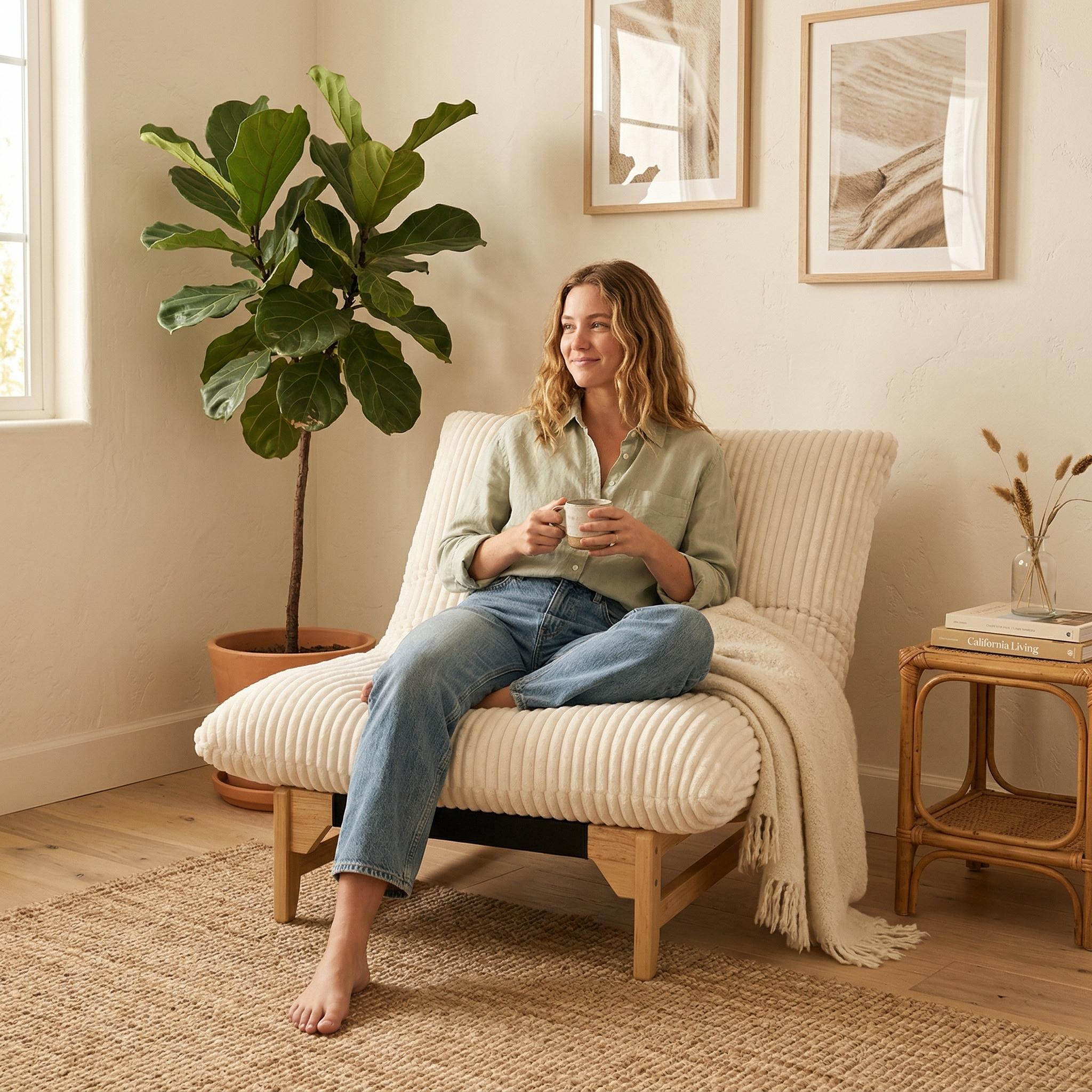 Sitka Armless Lounge Chair with Oversized Corduroy Cushion and Wood Frame