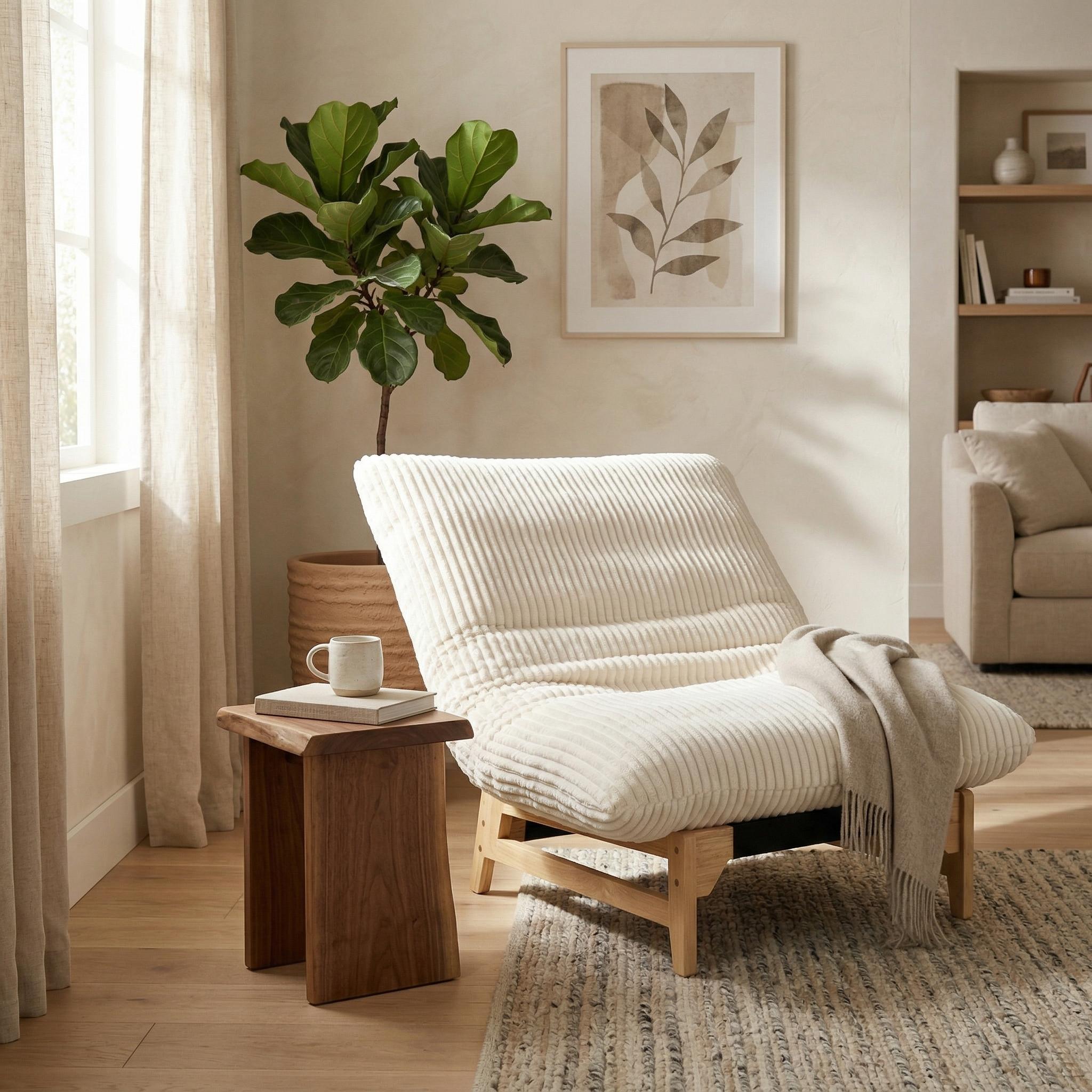 Sitka Armless Lounge Chair with Oversized Corduroy Cushion and Wood Frame