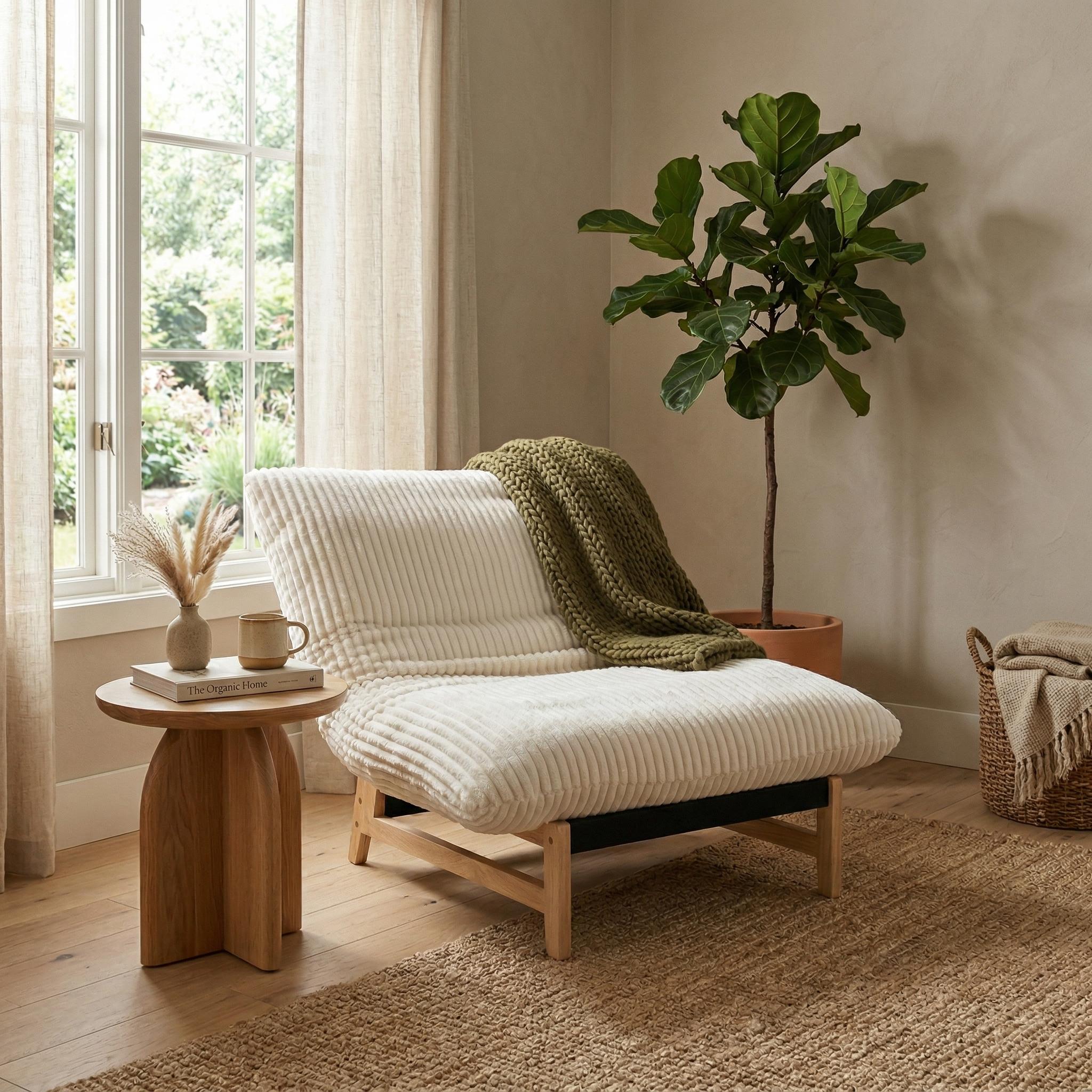 Sitka Armless Lounge Chair with Oversized Corduroy Cushion and Wood Frame