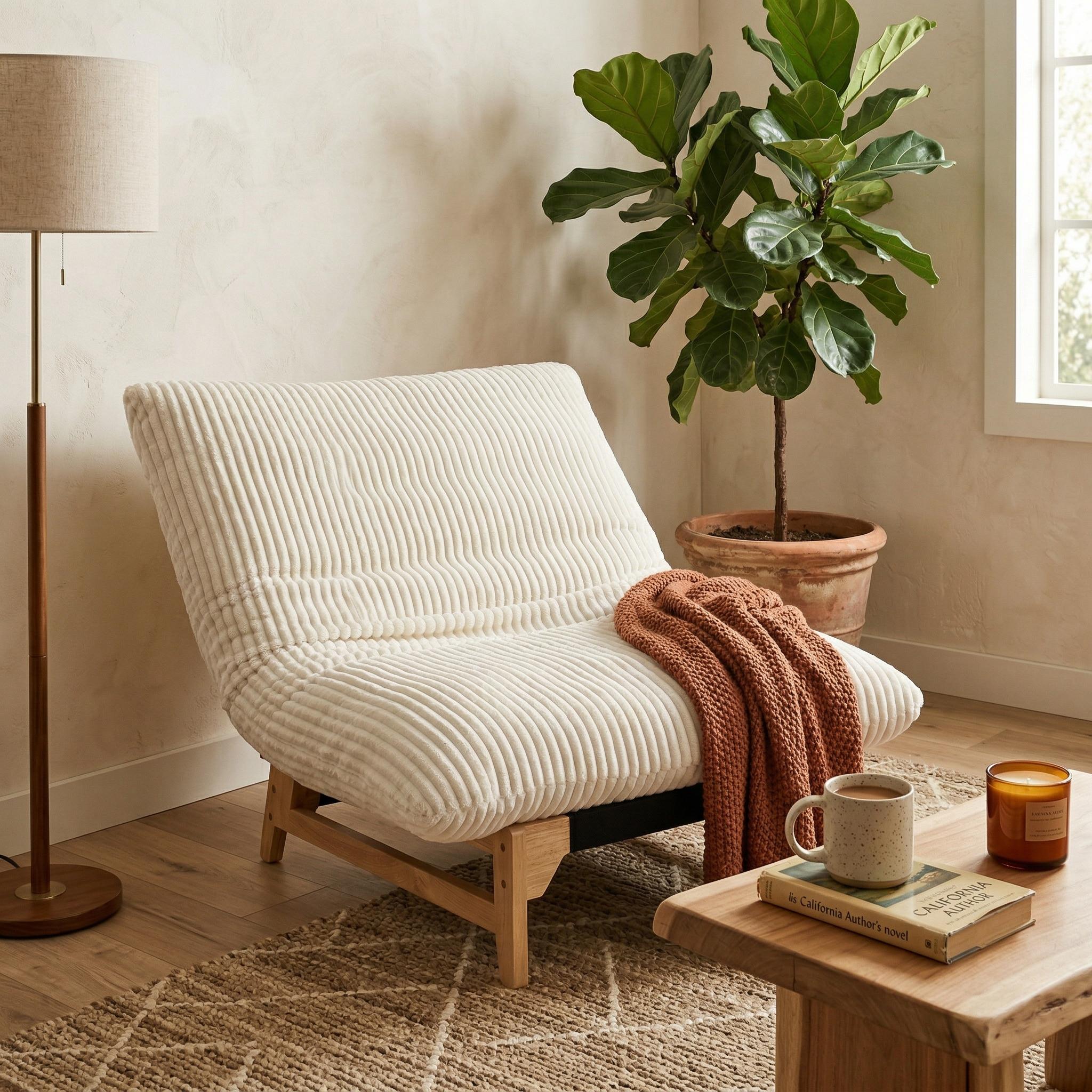 Sitka Armless Lounge Chair with Oversized Corduroy Cushion and Wood Frame