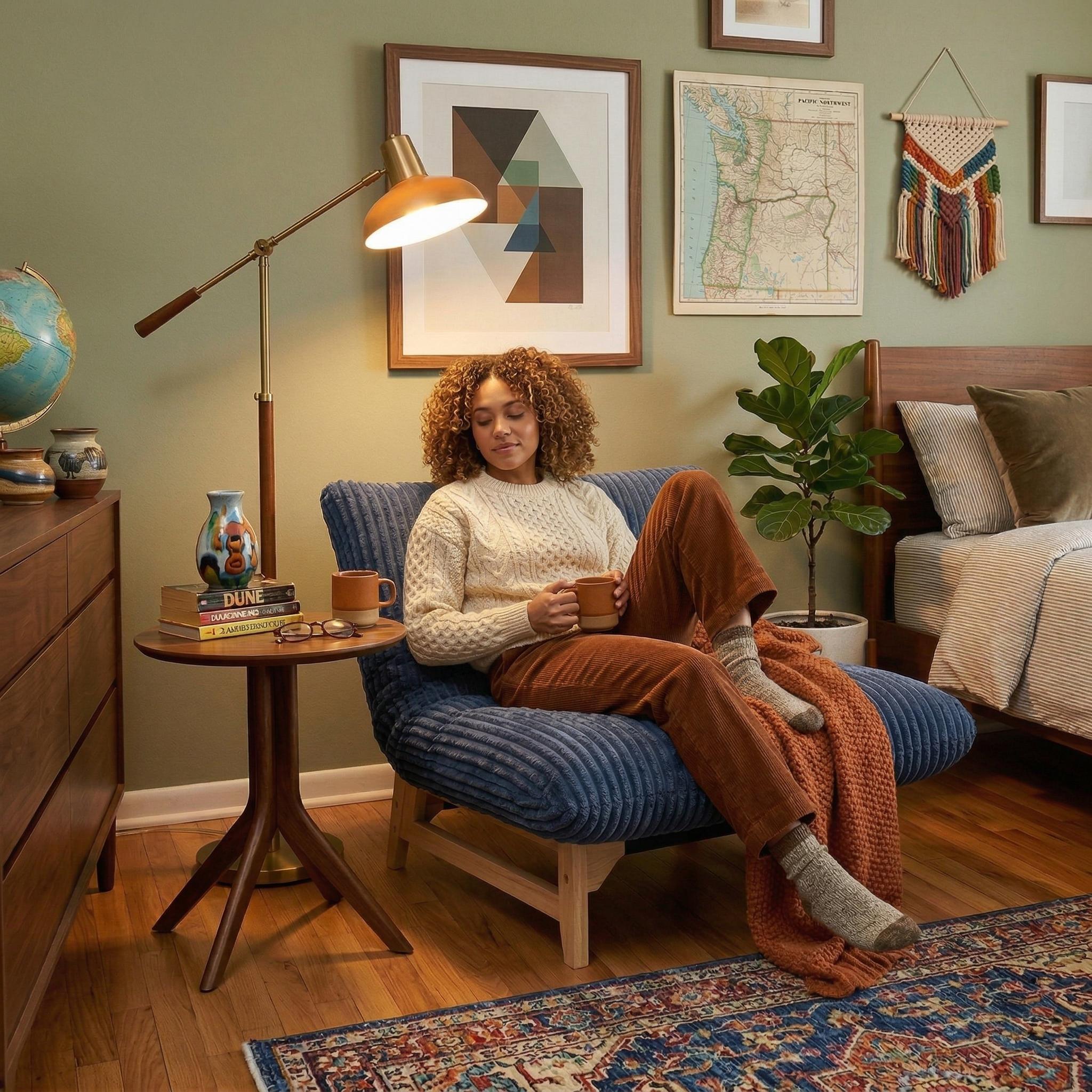 Sitka Armless Lounge Chair with Oversized Corduroy Cushion and Wood Frame