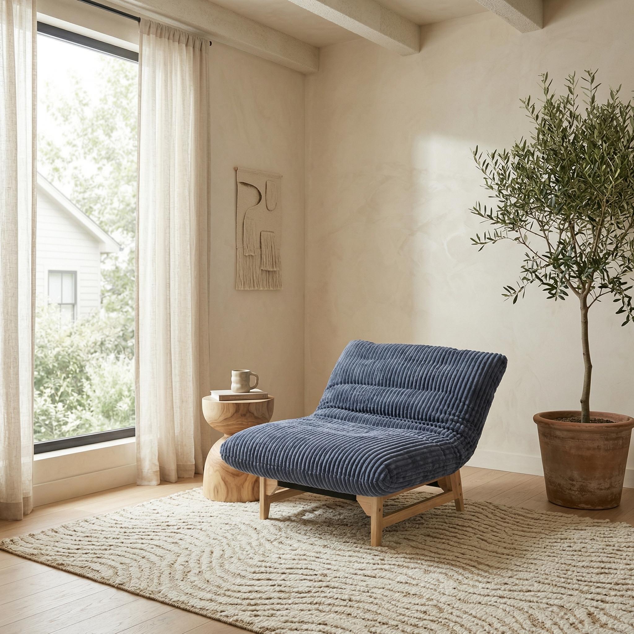 Sitka Armless Lounge Chair with Oversized Corduroy Cushion and Wood Frame