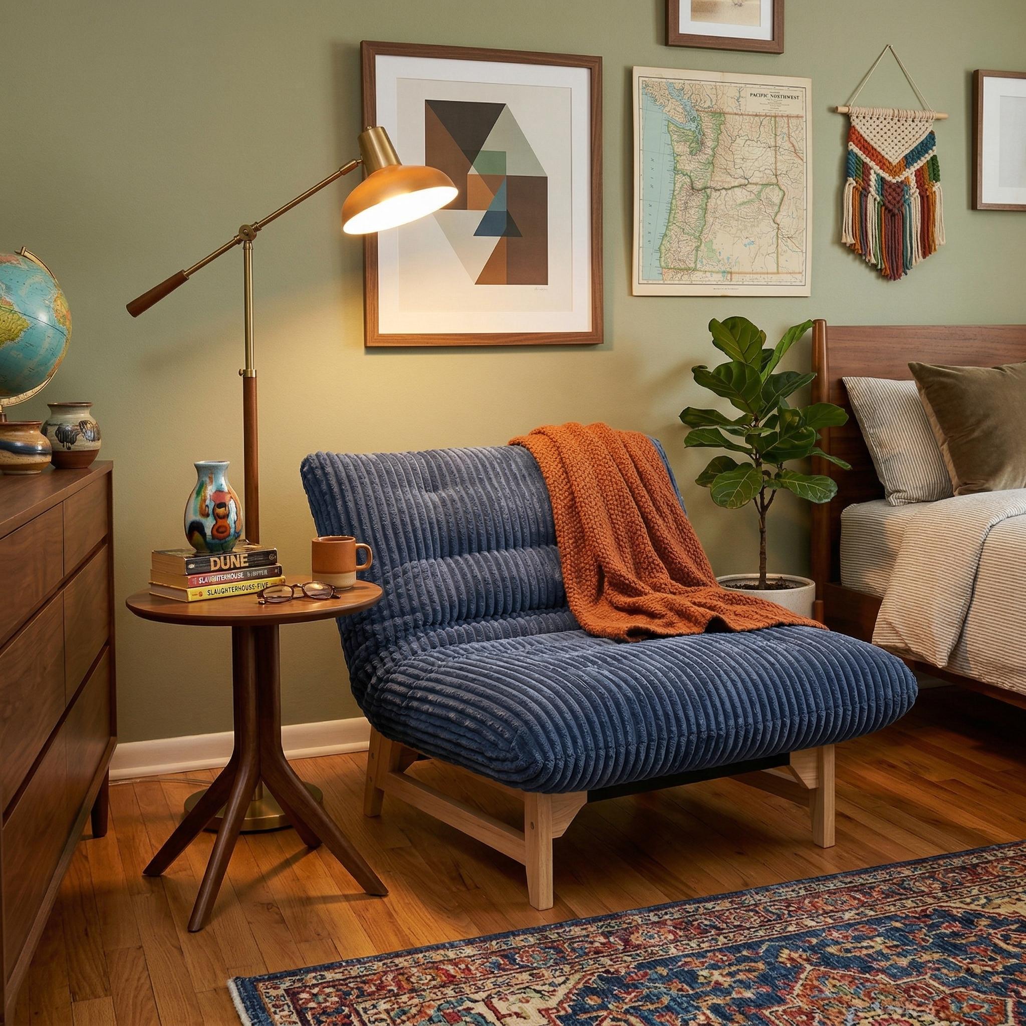 Sitka Armless Lounge Chair with Oversized Corduroy Cushion and Wood Frame