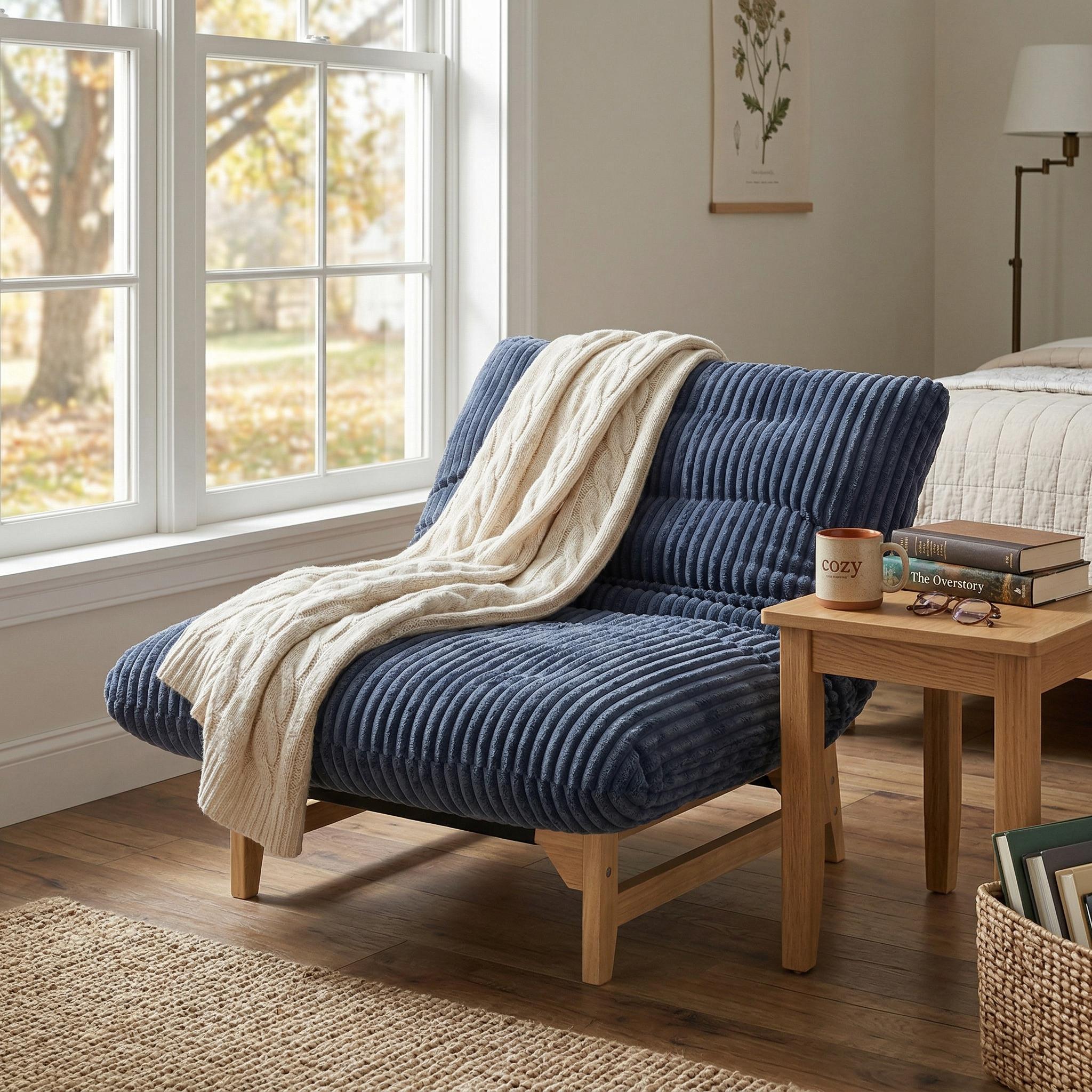 Sitka Armless Lounge Chair with Oversized Corduroy Cushion and Wood Frame
