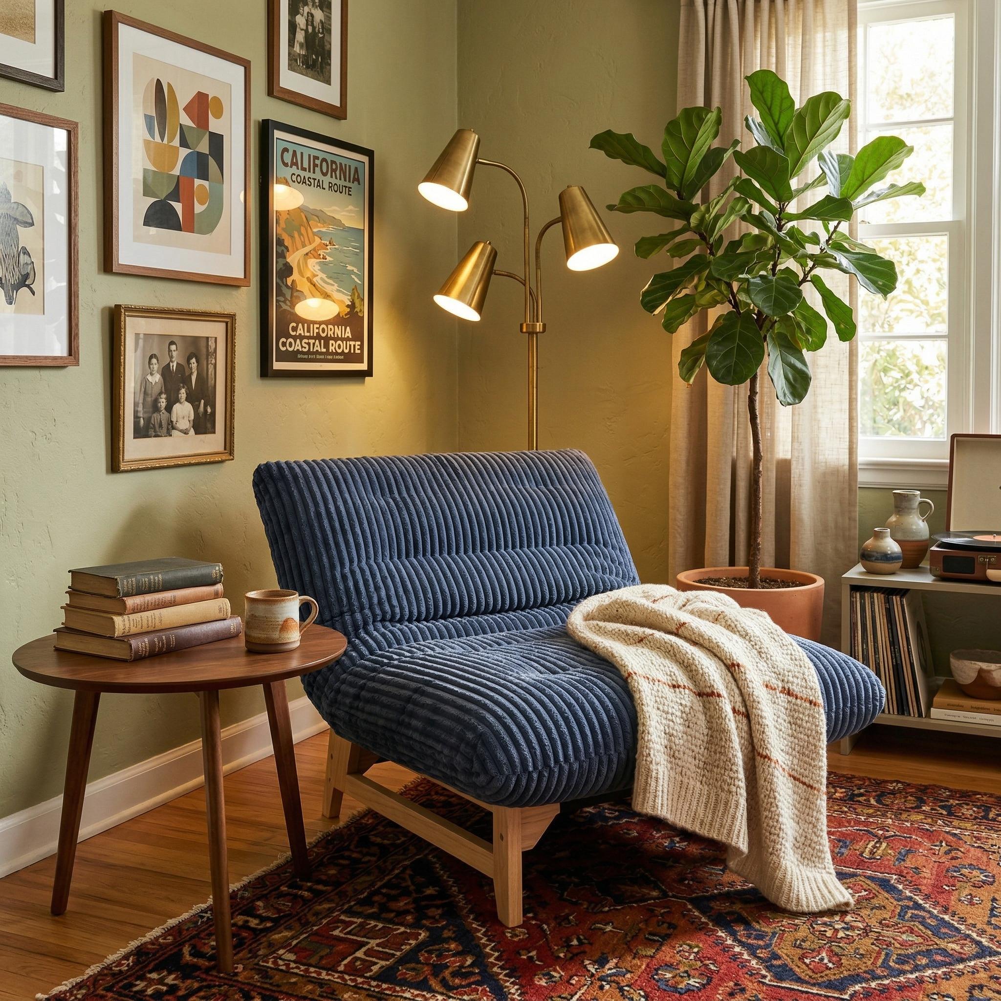 Sitka Armless Lounge Chair with Oversized Corduroy Cushion and Wood Frame