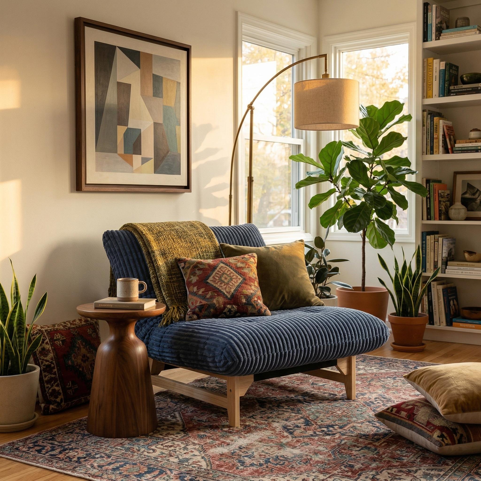 Sitka Armless Lounge Chair with Oversized Corduroy Cushion and Wood Frame