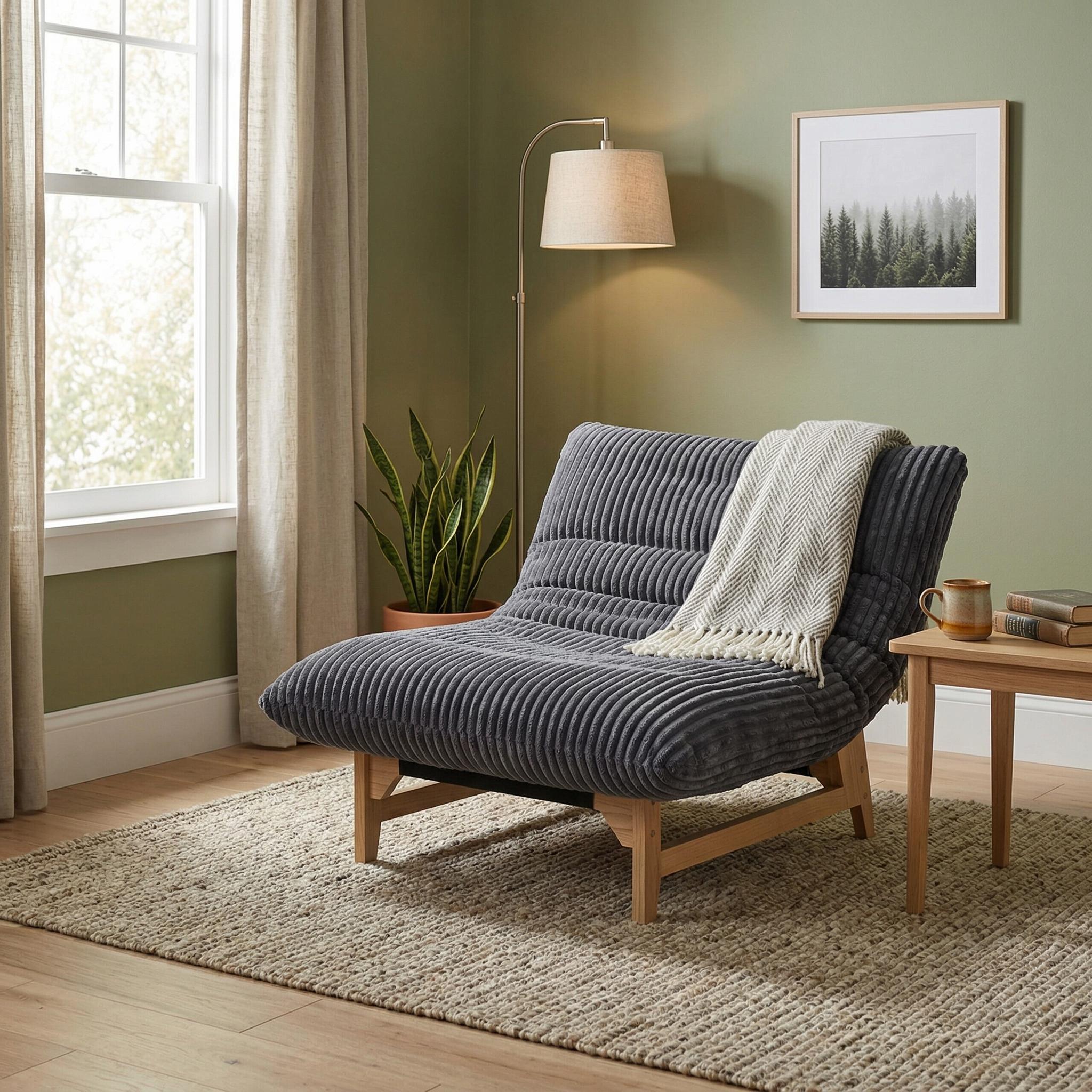 Sitka Armless Lounge Chair with Oversized Corduroy Cushion and Wood Frame
