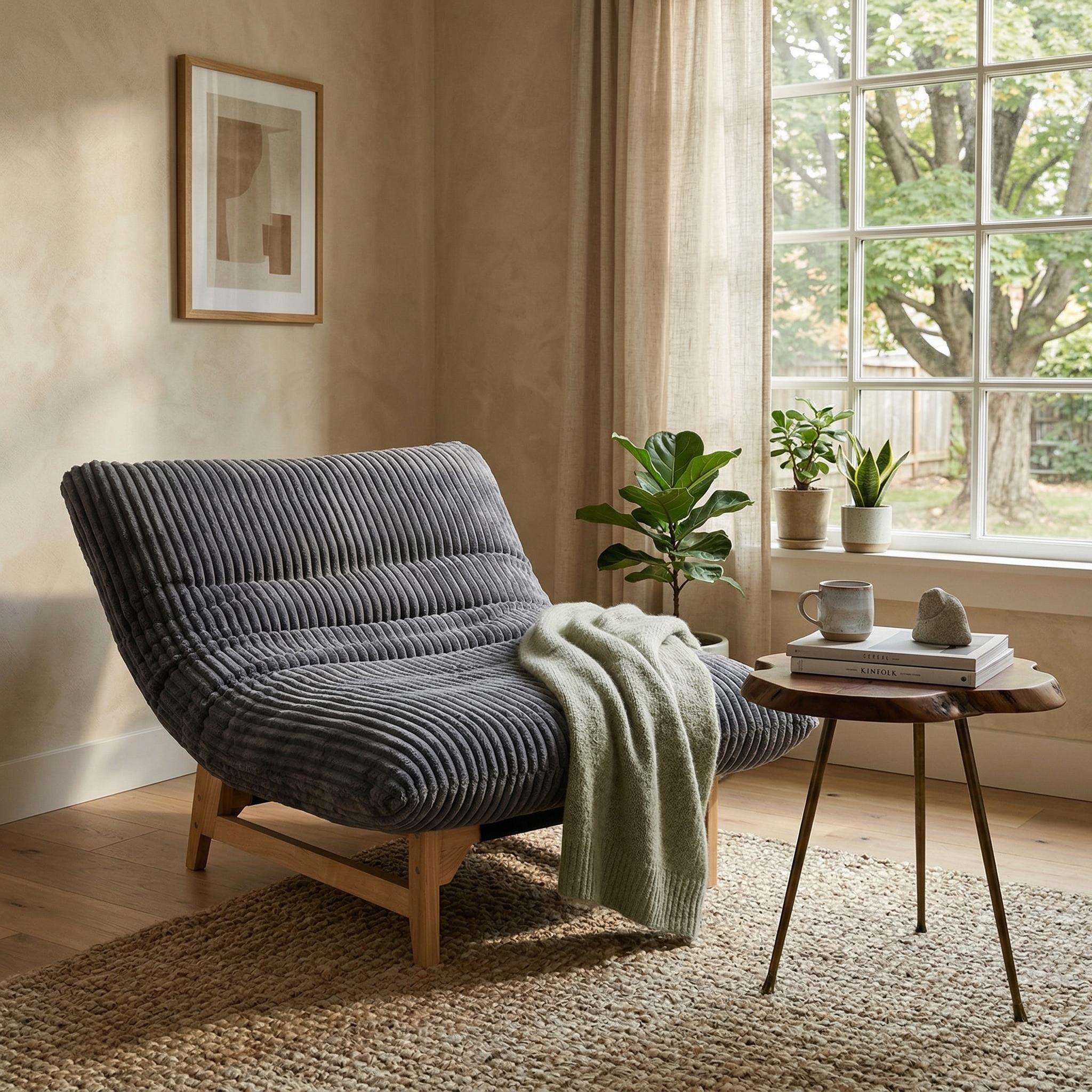 Sitka Armless Lounge Chair with Oversized Corduroy Cushion and Wood Frame