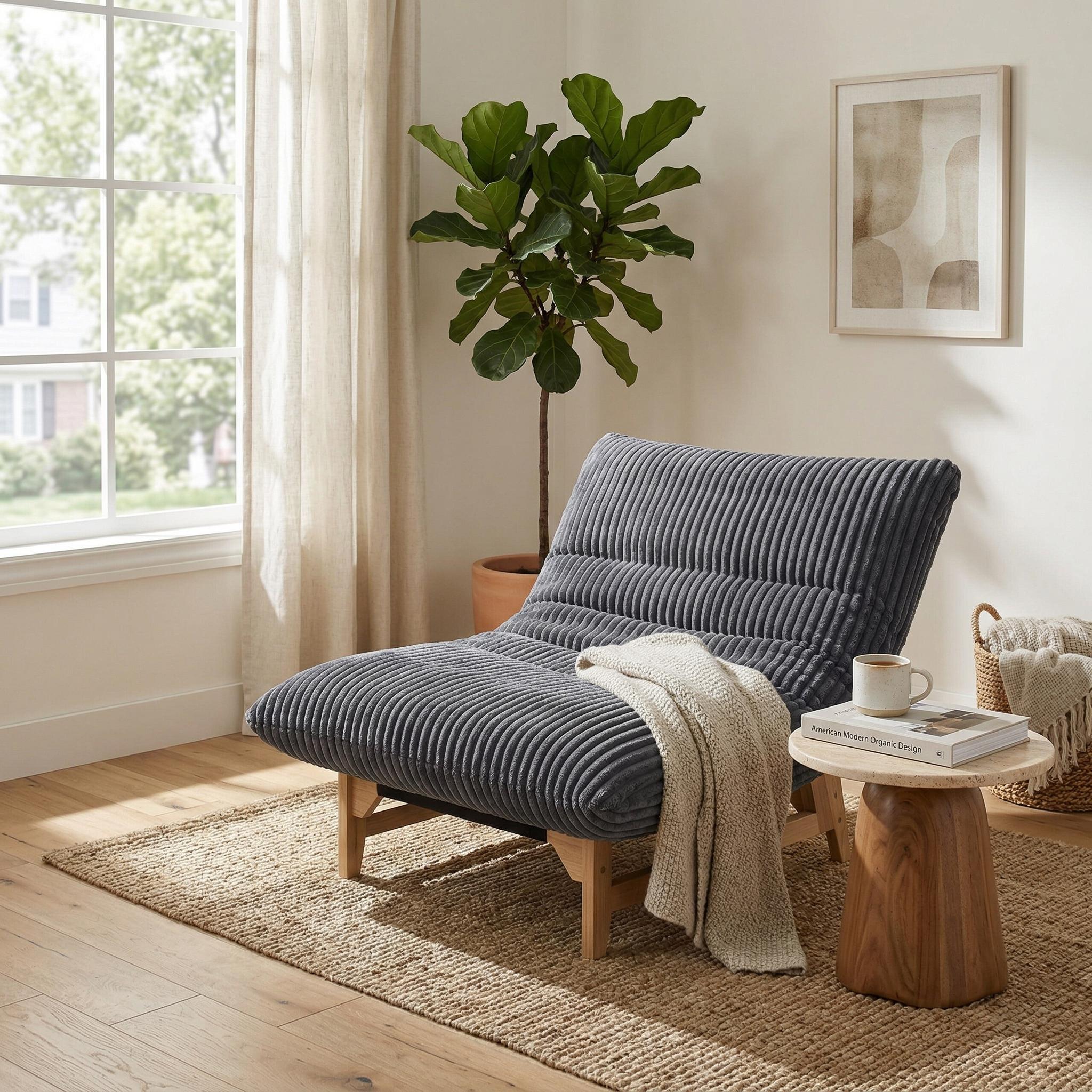 Sitka Armless Lounge Chair with Oversized Corduroy Cushion and Wood Frame