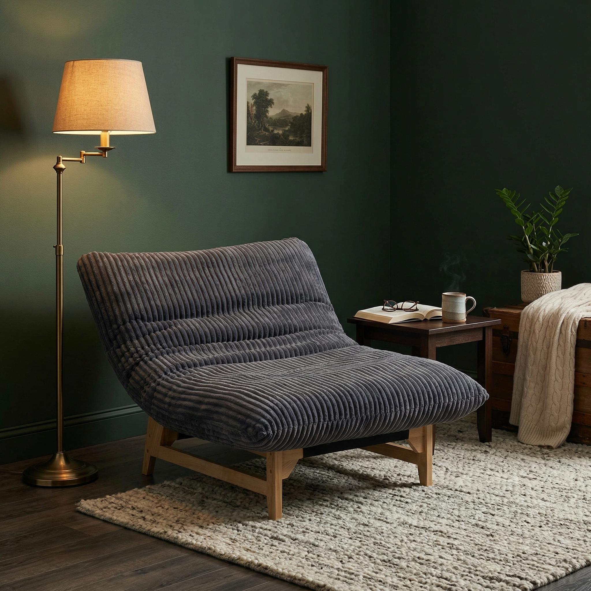 Sitka Armless Lounge Chair with Oversized Corduroy Cushion and Wood Frame