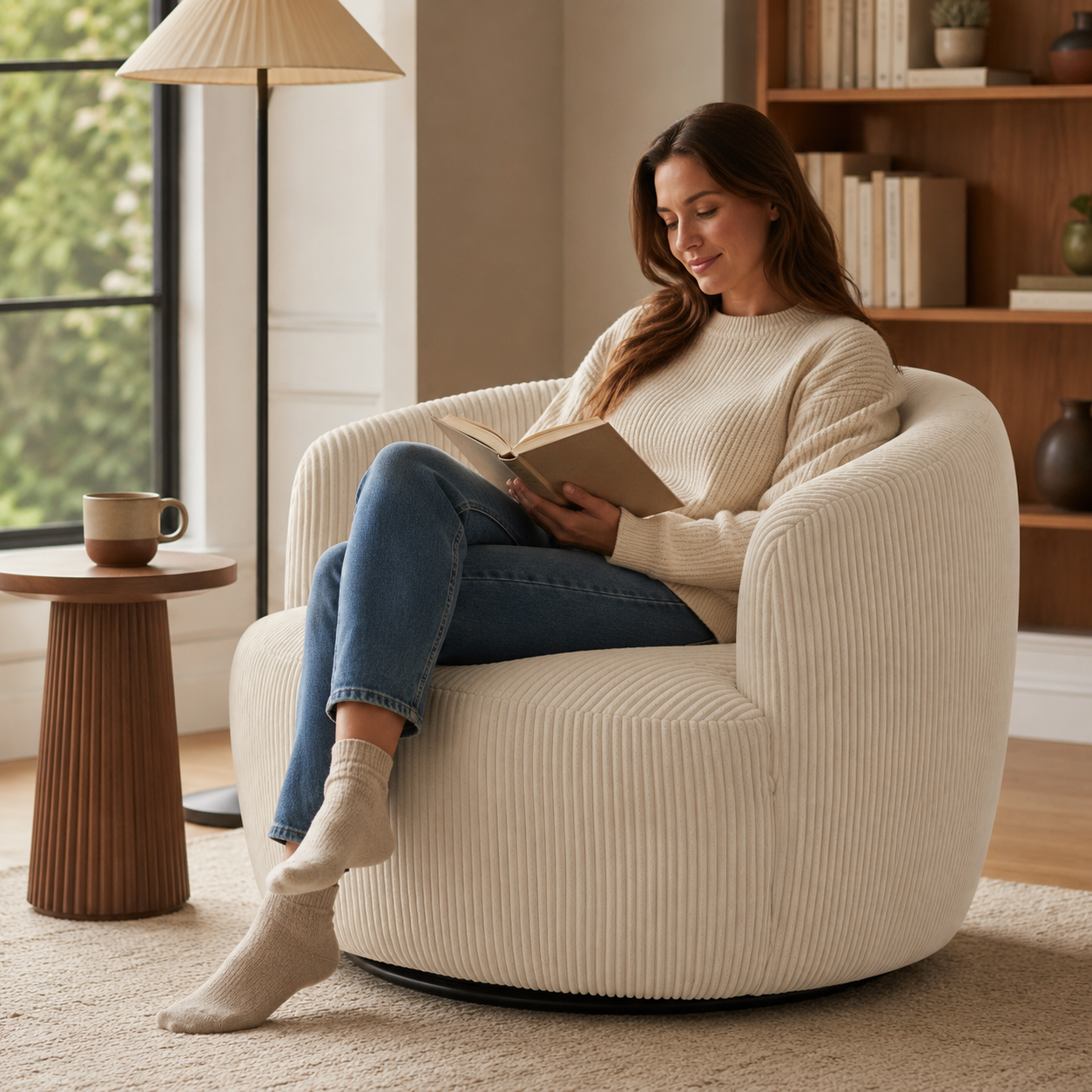 Smoky 34" Corduroy Swivel Barrel Accent Chair with Lumbar Pillow