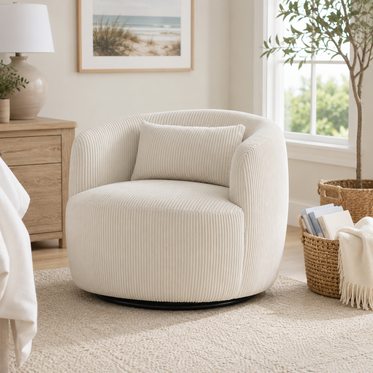 Smoky 34" Corduroy Swivel Barrel Accent Chair with Lumbar Pillow