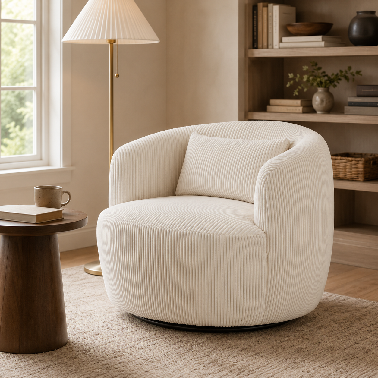 Smoky 34" Corduroy Swivel Barrel Accent Chair with Lumbar Pillow