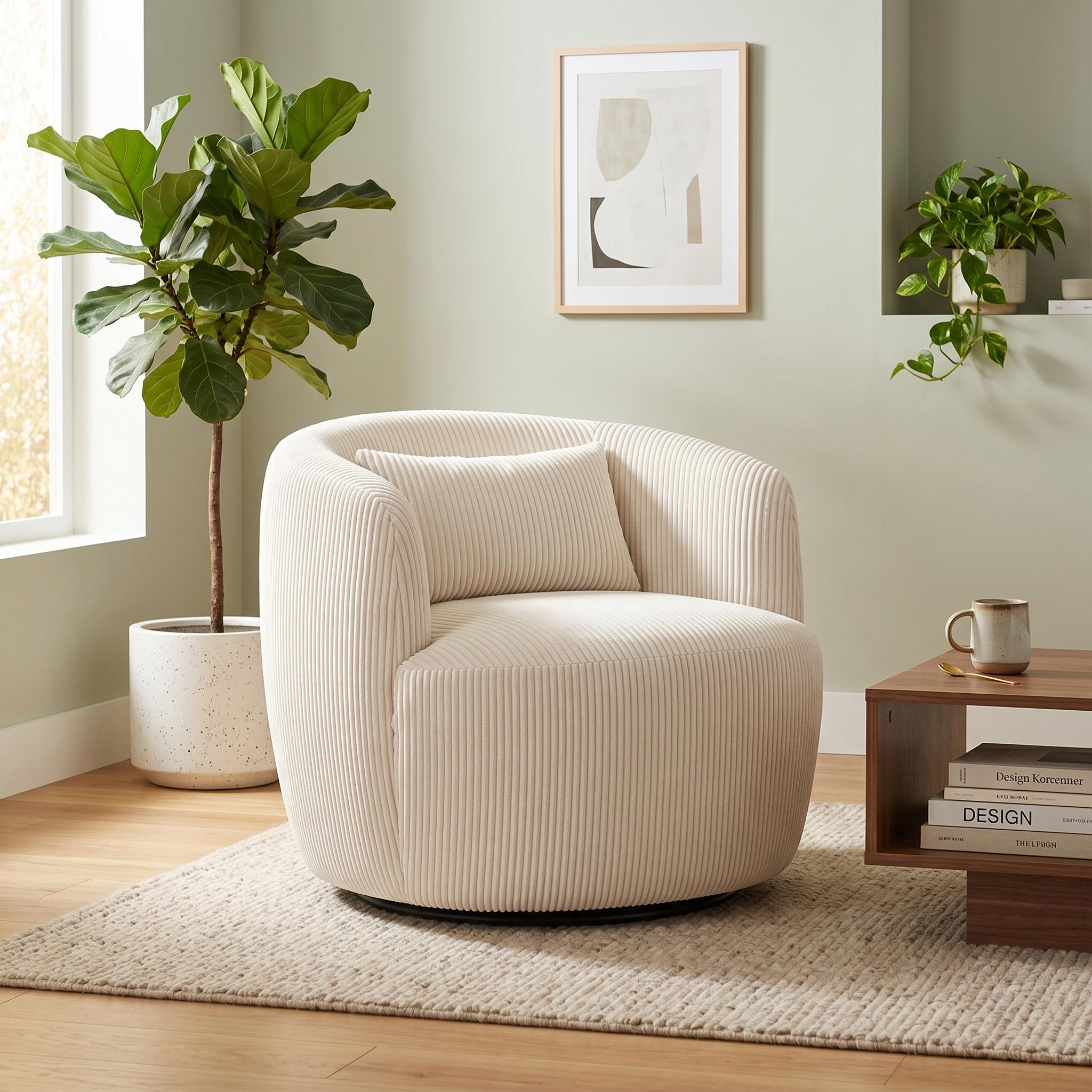 Smoky 34" Corduroy Swivel Barrel Accent Chair with Lumbar Pillow