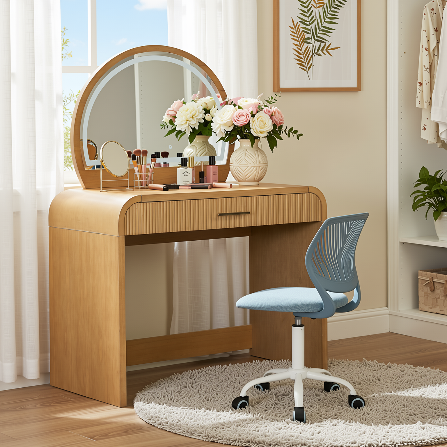 Homy Casa Solis+Carnation Vanity Desk and Chair 2PC Bedroom Vanity Set with Lighted Mirror and Storage in Natural & Blue